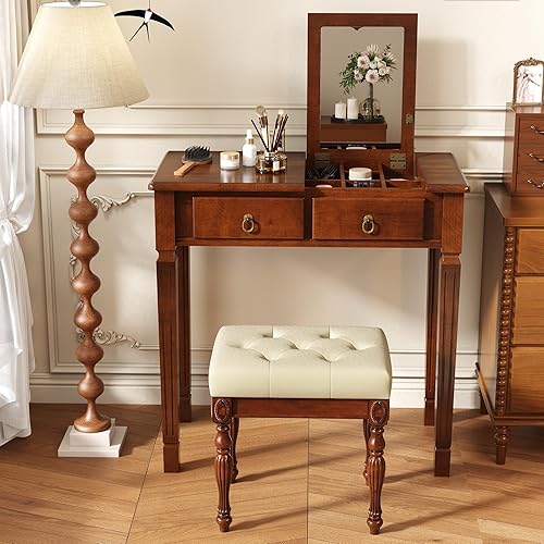 Miniatura 4 de Escritorio pequeño con juego de taburetes, mesa de tocador de maquillaje con espejo abatible y taburete tapizado, tocadores de madera maciza con 2