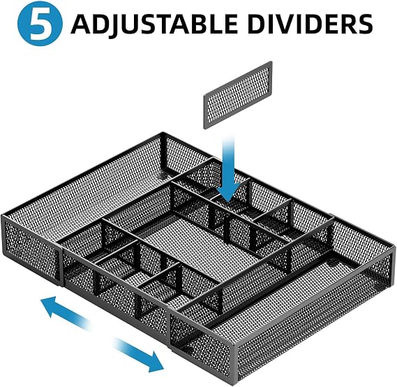 Marbrasse Desk Organiser Drawers,Mesh Tray with 10 Adjustable Compartments,Desk Accessories Storage,5 Dividers Drawer for Office Supplies,Makeup Houseware(Black)