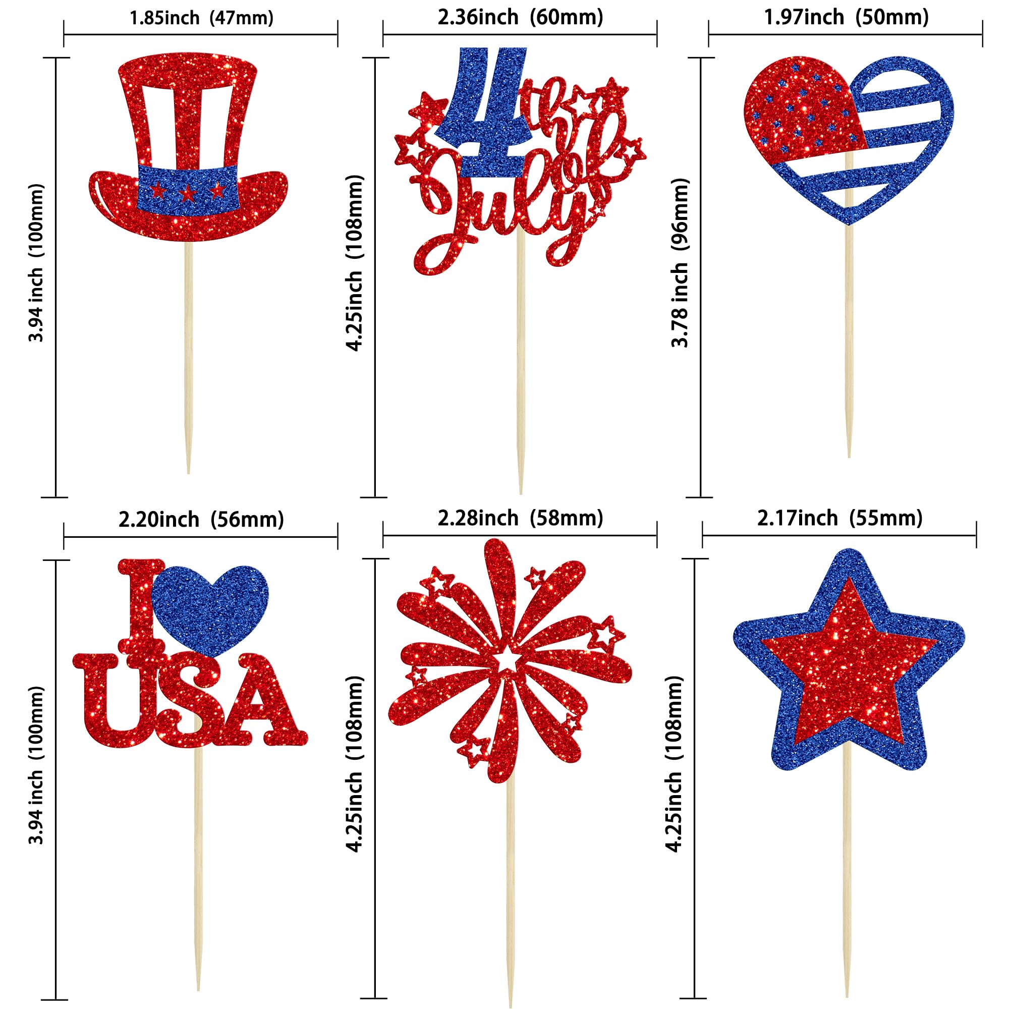 4. Juli Cupcake Topper Set – 36 Stück, Rot Glitzernd, Für Unabhängigkeitstag & Patrioten-Partys