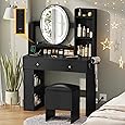 DWVO Vanity Desk with Mirror and Lights, Makeup Vanity Table Set with Power Outlets and Chair, 3 Lighting Colors, Makeup Desk with 3 Drawer and Lots Storage Shelves for Bedroom, White Dressing Table