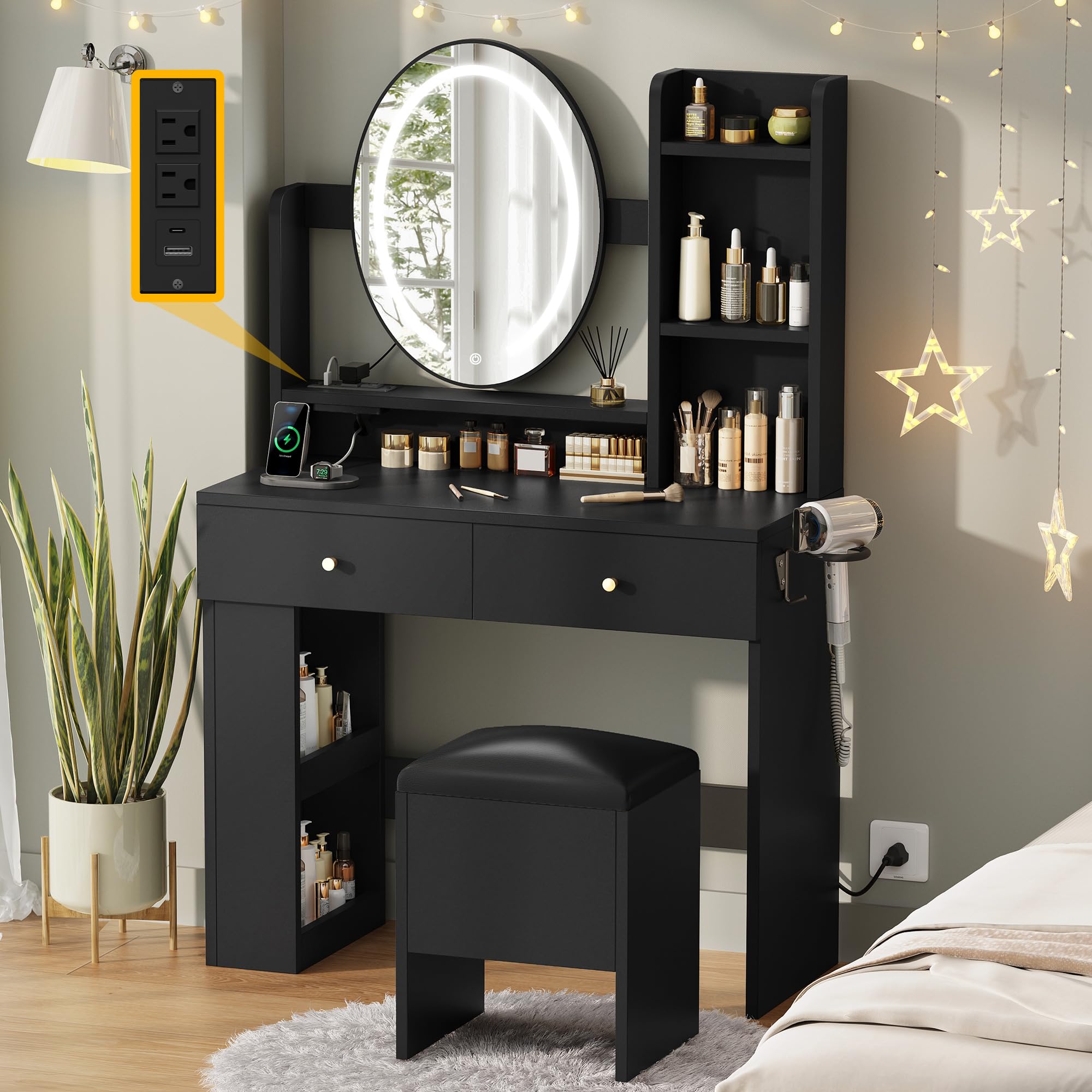 DWVO Vanity Desk with Oval Mirror and Lights, Makeup Vanity Table Set with Power Outlets and Chair, 3 Lighting Colors, Makeup Desk with 2 Drawer and Lots Storage Shelves, Bedroom, Black Dressing Table