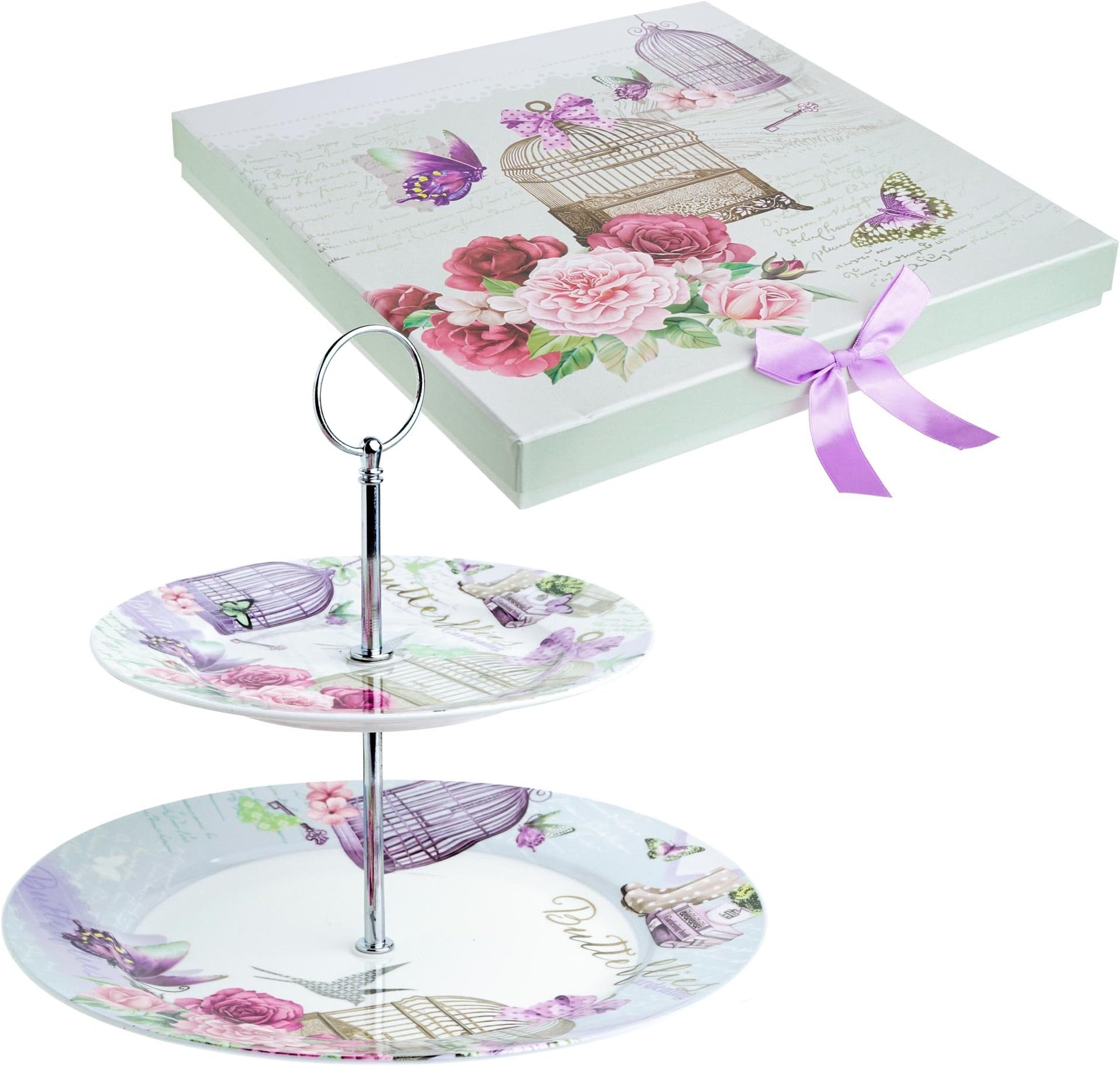 London Boutique 5388-8045 2 Tiered Cake Stands Plates Porcelain Lilac Lavender Rose Floral Design Gift Box (Lalic Summer Garden)