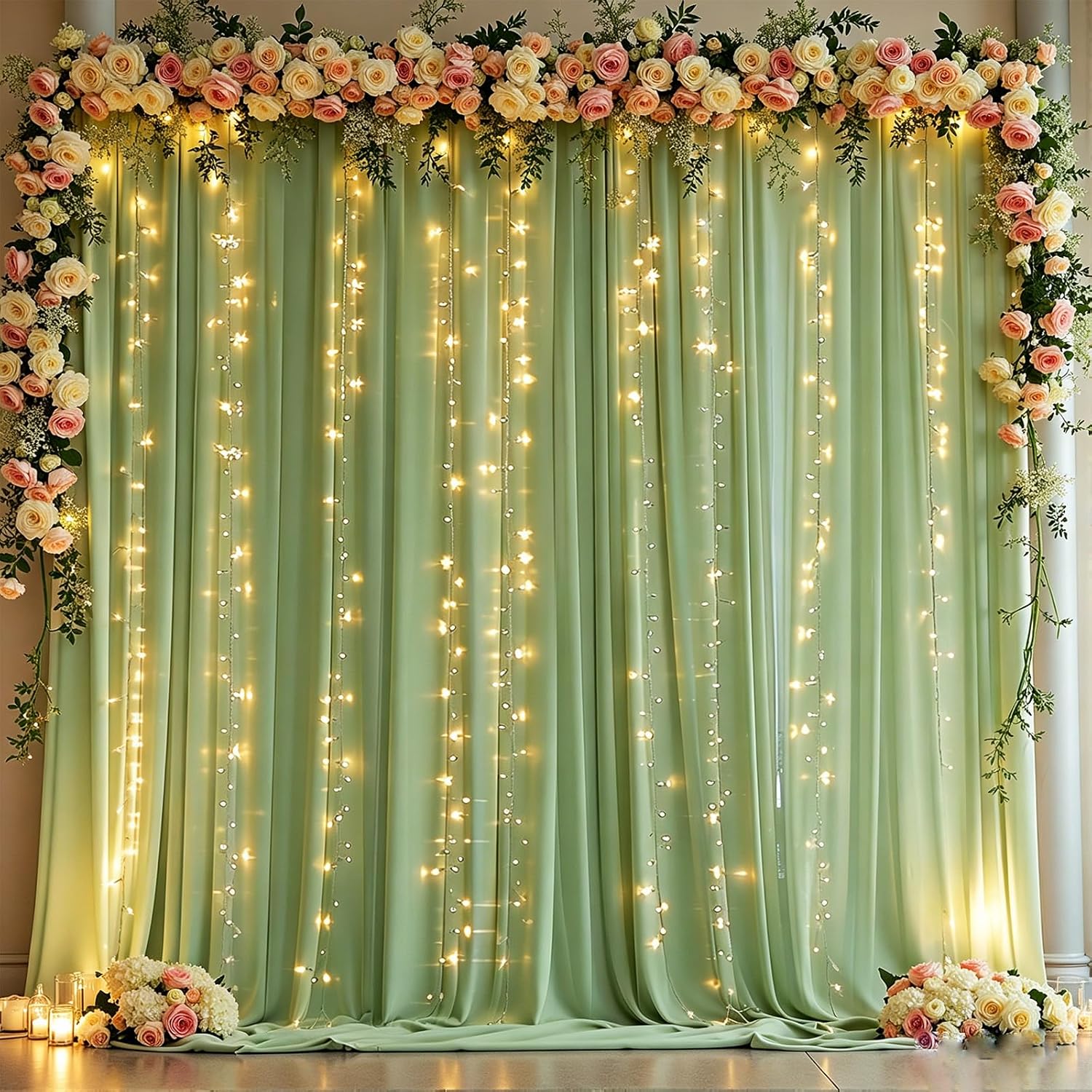 10 x 10ft Sage Green Backdrop Curtains with Lights String Green Polyester Photo Drapes Wrinkle Free Curtains Backdrop for Birthday Parties Wedding Reception Baby Shower Ceremony-5 x 10ft x 2P