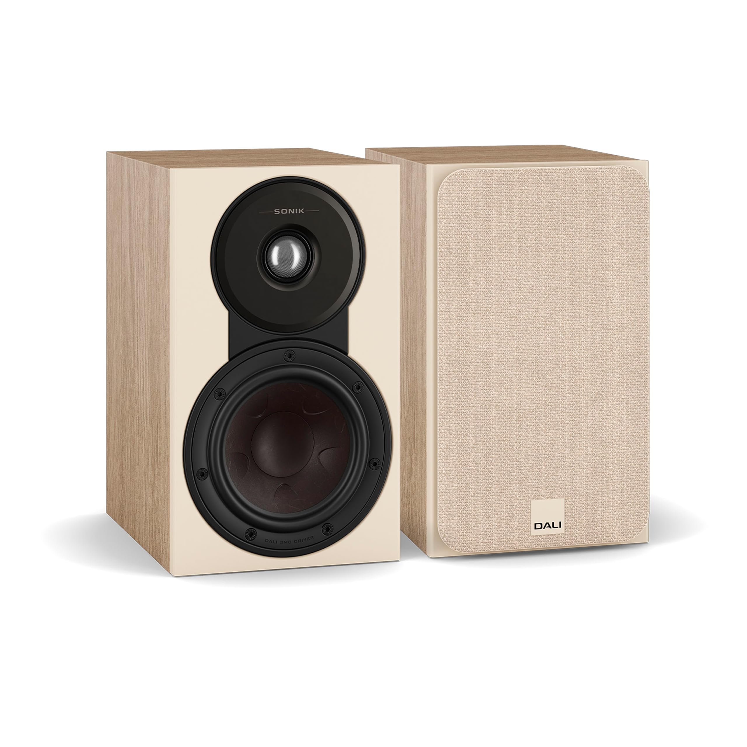 DALI SONIK 1 – Ultra-kompakter 2-Wege Regallautsprecher (Paar) mit 29 mm Gewebekalotte, 5¼″ Clarity Cone™ Holzfasermembran & SMC™ Technologie – Eiche Natur