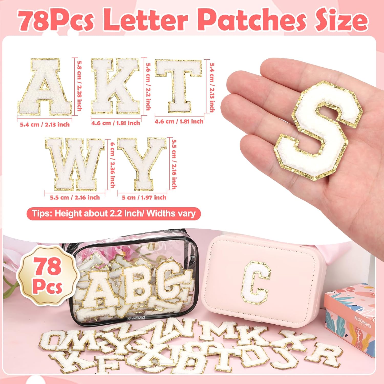 Chenille Letters Patches 78Pcs Self-Adhesive Letter Patches Sticker White Varsity Applique Fabric Embroidered Patches Stick on Backpacks, Hats, Bags, Clothing Alphabet Patches for DIY Repairing Craft