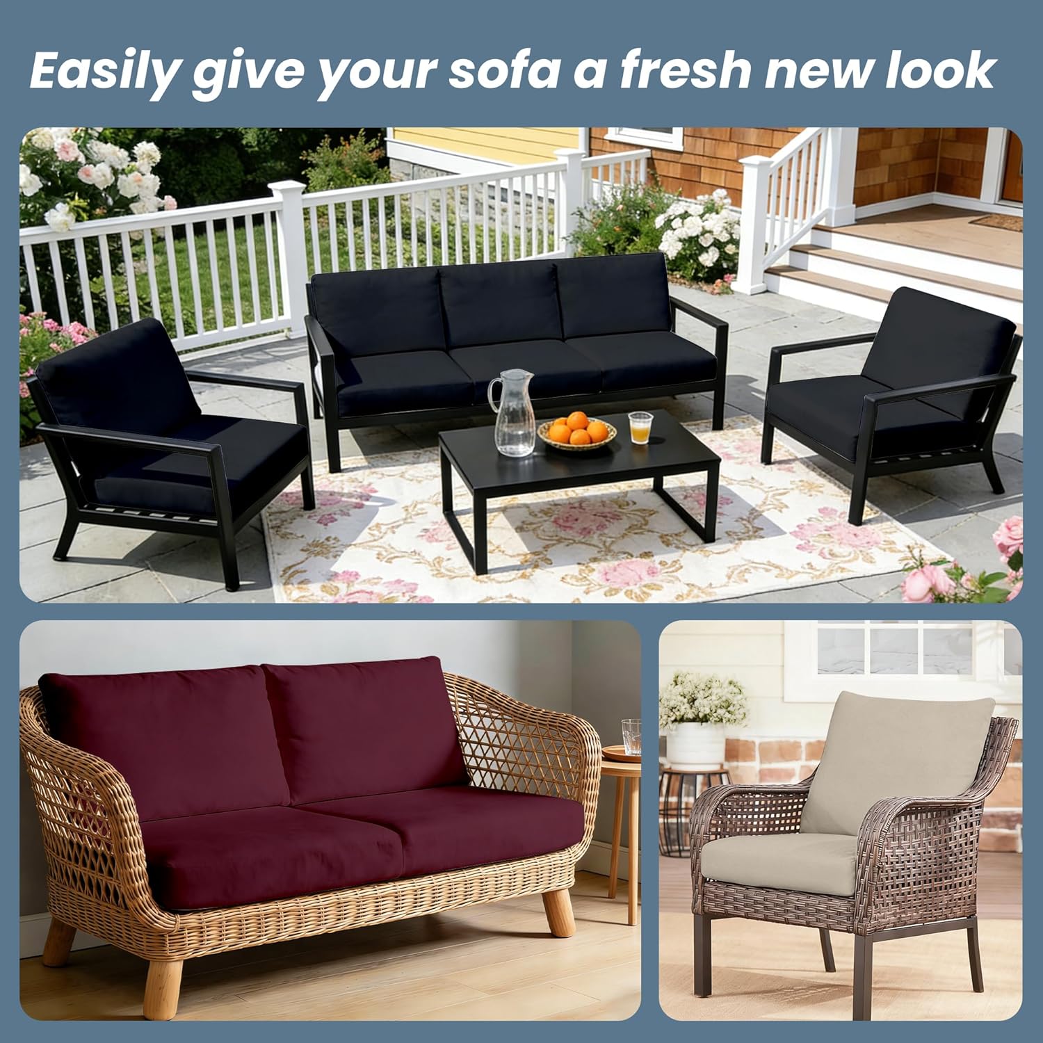 4Pcs Outdoor Cushion Covers Patio Cushion Covers Stretch Cushion Covers for Outdoor Furniture Replacement Washable Reusable Furniture Protector(Black)