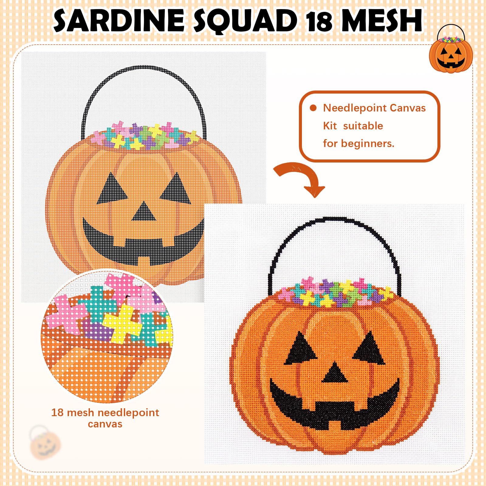 XunYee Juego de 30 cubos de calabaza de Halloween de 18 mallas de punto de aguja de lona pintado a mano para principiantes, adultos, 2 telas con patrón de Halloween de 7.8 pulgadas, enhebrador de