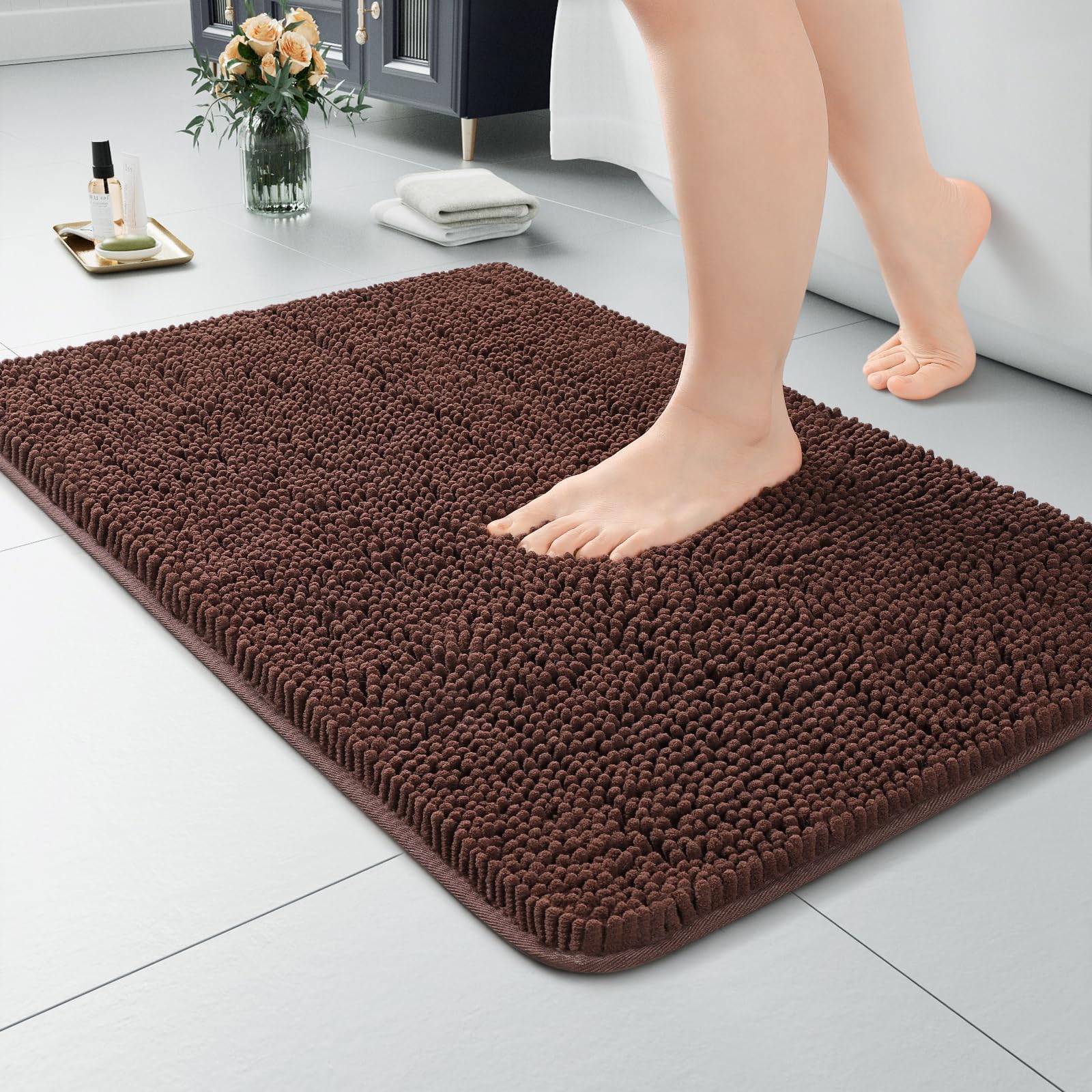 LOCHAS Luxury Bathroom Rug Shaggy Bath Mat 24 x 17 Inch, Washable Non Slip Bath Rugs for Bathroom Shower, Soft Plush Chenille Absorbent Carpets Mats,