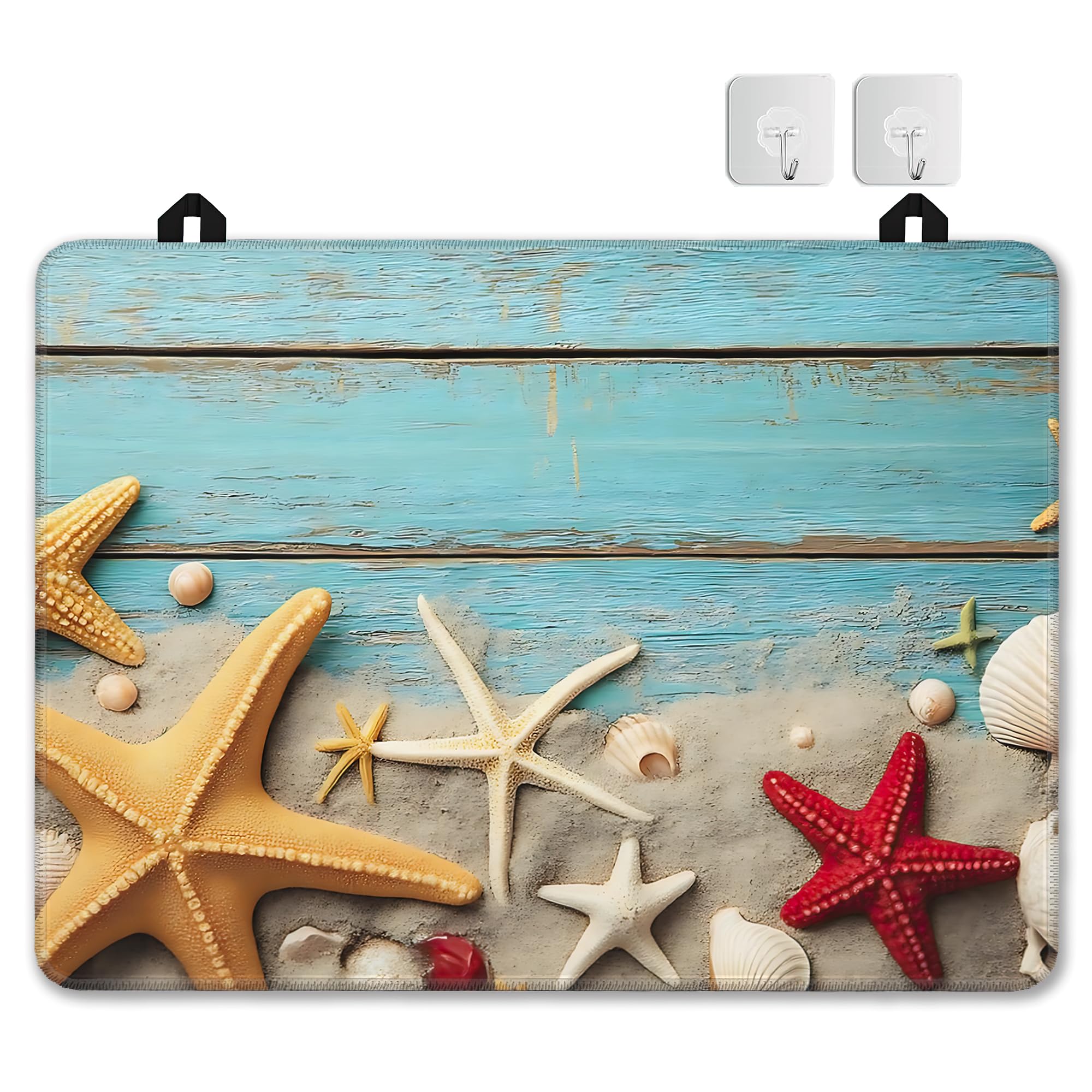 Starfish Seashells Stove Top Covers for Electric Stove,Blue Wood Board Glass Top Stove Cover, Heat Resistant Range Covers for Electric Stove,Washable Countertop Mat, 28 x 20 Inch