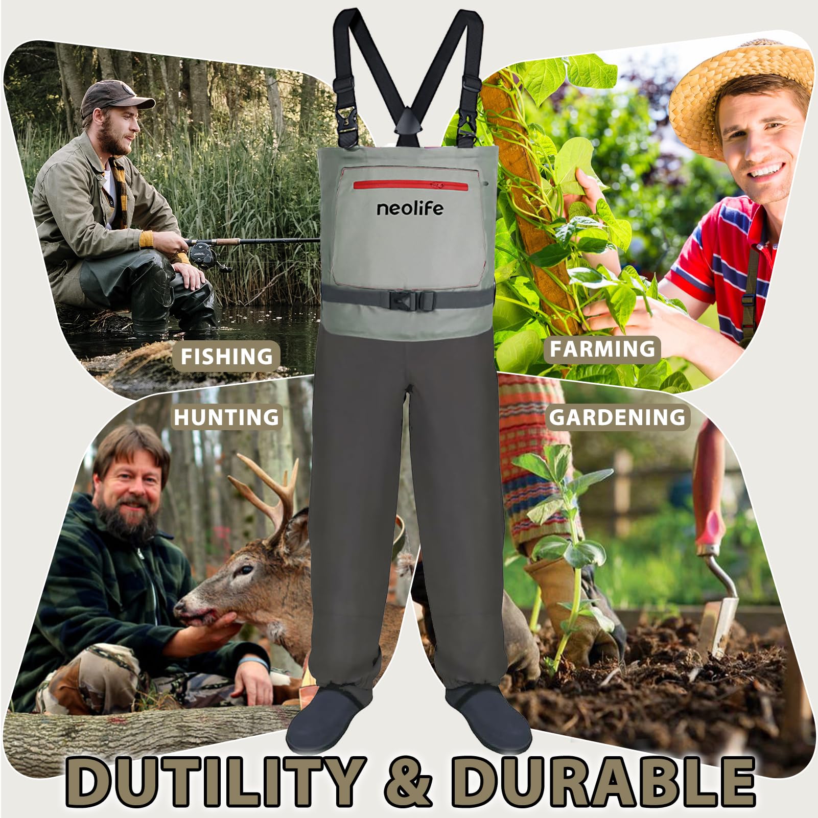 Wathose für Damen und Herren, 3-lagig, atmungsaktiv, wasserdicht, Jagdwathose mit Taschen und Neoprenstrumpf
