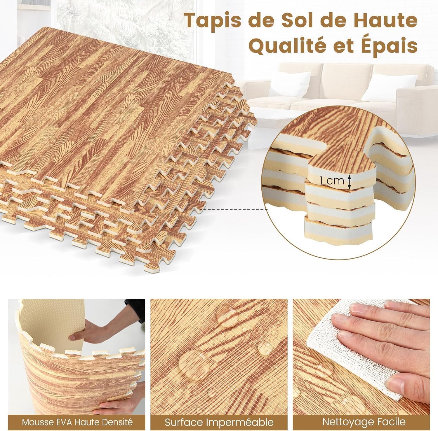 GOPLUS Tapis de Protection Fitness Puzzle en Mousse EVA, Tapis de Sport de Sol 12 Dalles Effect Bois, 61x61CM, Tapis Matelas Épais Antidérapant Couvre 4,5m² pour Gym, Salle de Sport, Garage, Piscine