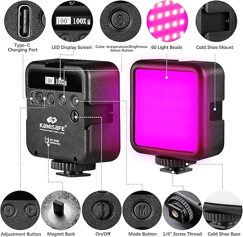 Miniatura 5 de Luces de video RGB Iluminación de fotografía - Mini luz LED para cámara con 3 soportes de zapata fría 360 a todo color, CRI95+ 2500-9000K lámpara de