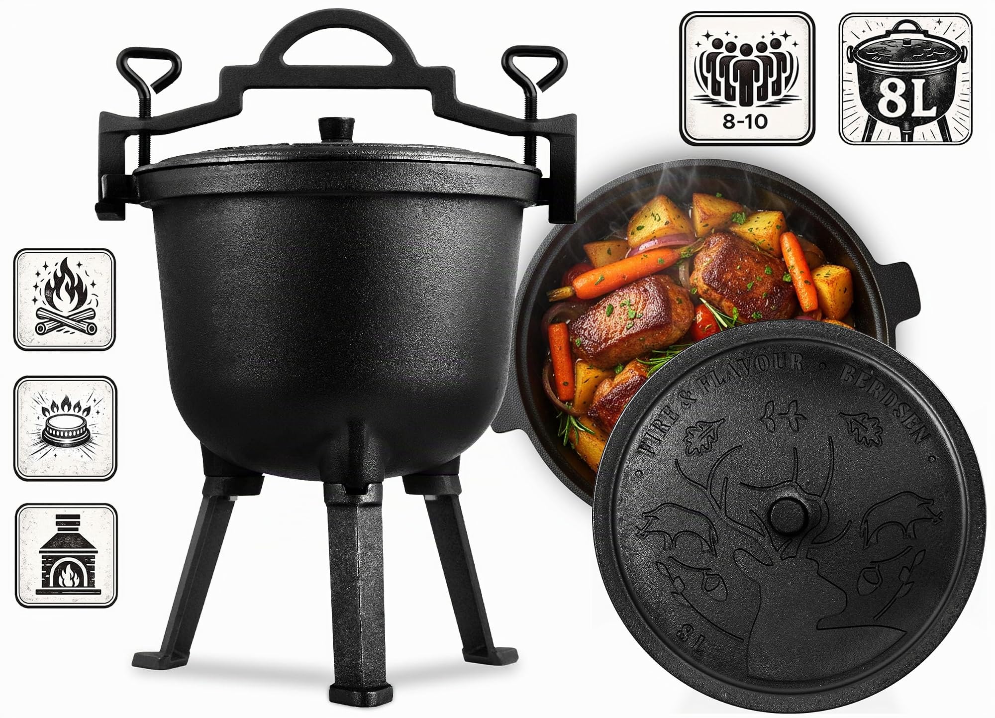 Berdsen Gusseisen Topf 8 L Dutch Oven - Feuertopf für Lagerfeuer und Grill - Gleichmäßiges Garen - mit 3 Beinen und Aufhängebügel - inkl. Rezeptbuch - Schwarz