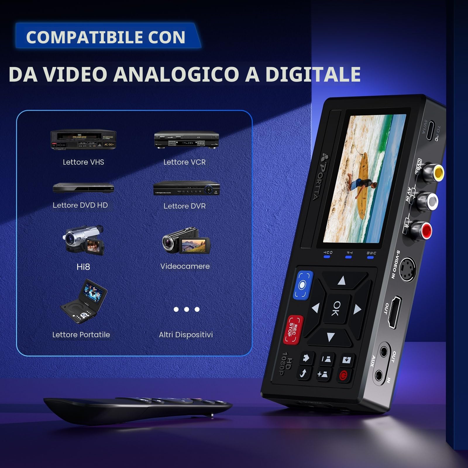 Portta Convertitore da VHS a digitale con unità flash USB 3.0 da 128 GB, video a registratore digitale, compatibile con VHS, VCR, DVR, DVD, Hi8, mini lettori DV, videocamera (lettore VHS/nastri/DVD