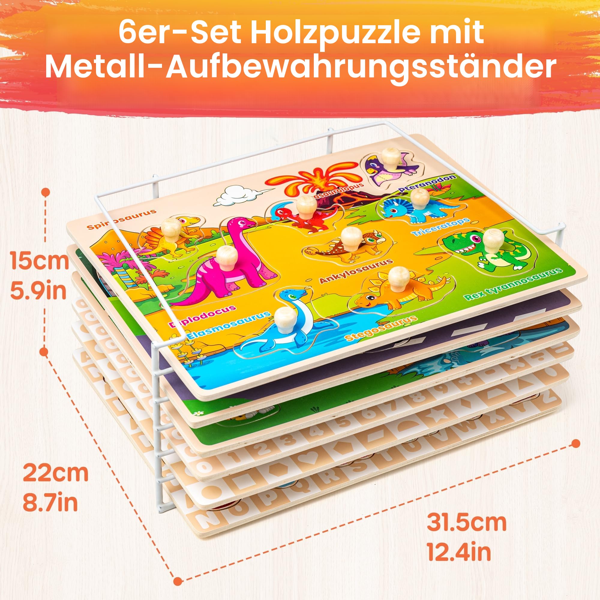 SYNARRY Kinder Holzpuzzle ab 1 2 3 Jahre, 6 Set Steckpuzzle für Babys Kleinkinder, Alphabet Nummer Tier Dinosaurier Fahrzeuge Montessori Lernspielzeug Geschenke