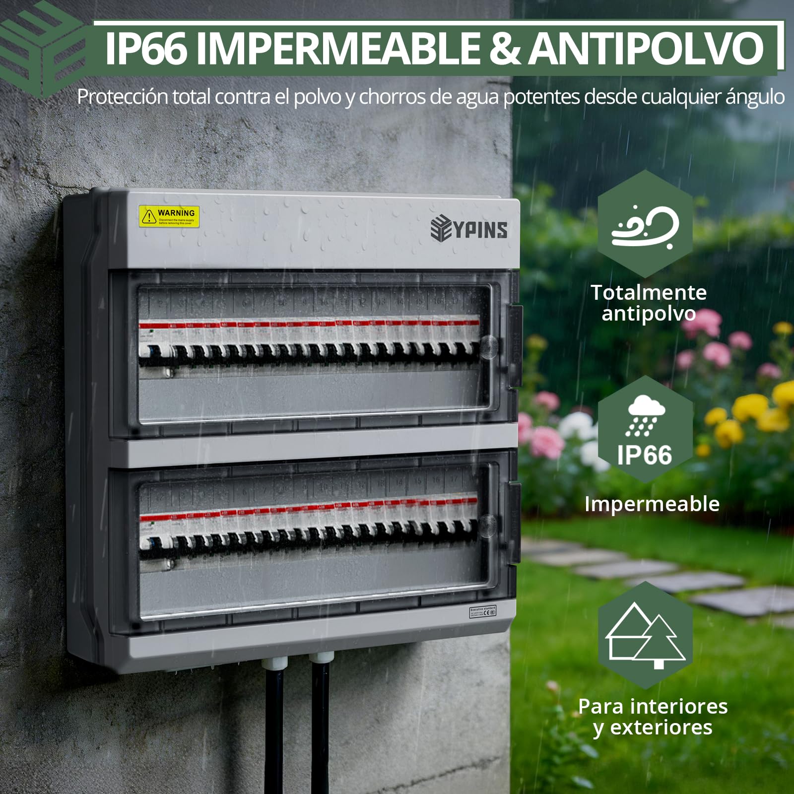 EYPINS Caja Estanca Exterior Electrica 2 Filas 36 Módulos, Caja de Distribución de Superficie de Apertura Horizontal,Carcasa Aleación de PC, IP66 Impermeable y Antipolvo para Taller Jardín Obra