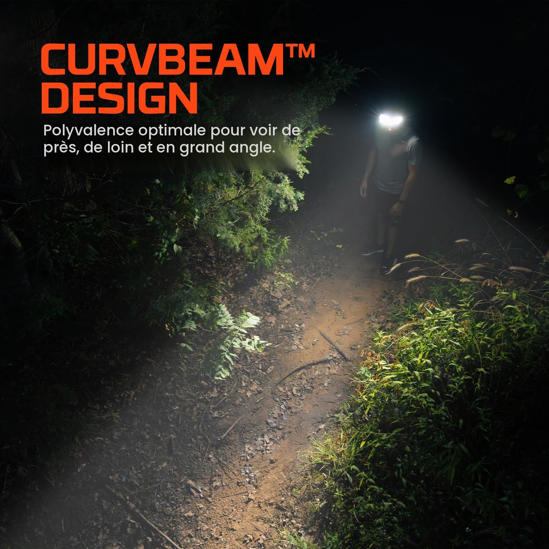 NEBO Curvbeam 600 Flex - Lampe Frontale Rechargeable de 600 Lumens - Avec Faisceau Large de 180°, Résistance à l'eau IPX4 et Ajustement Confortable BackBalance