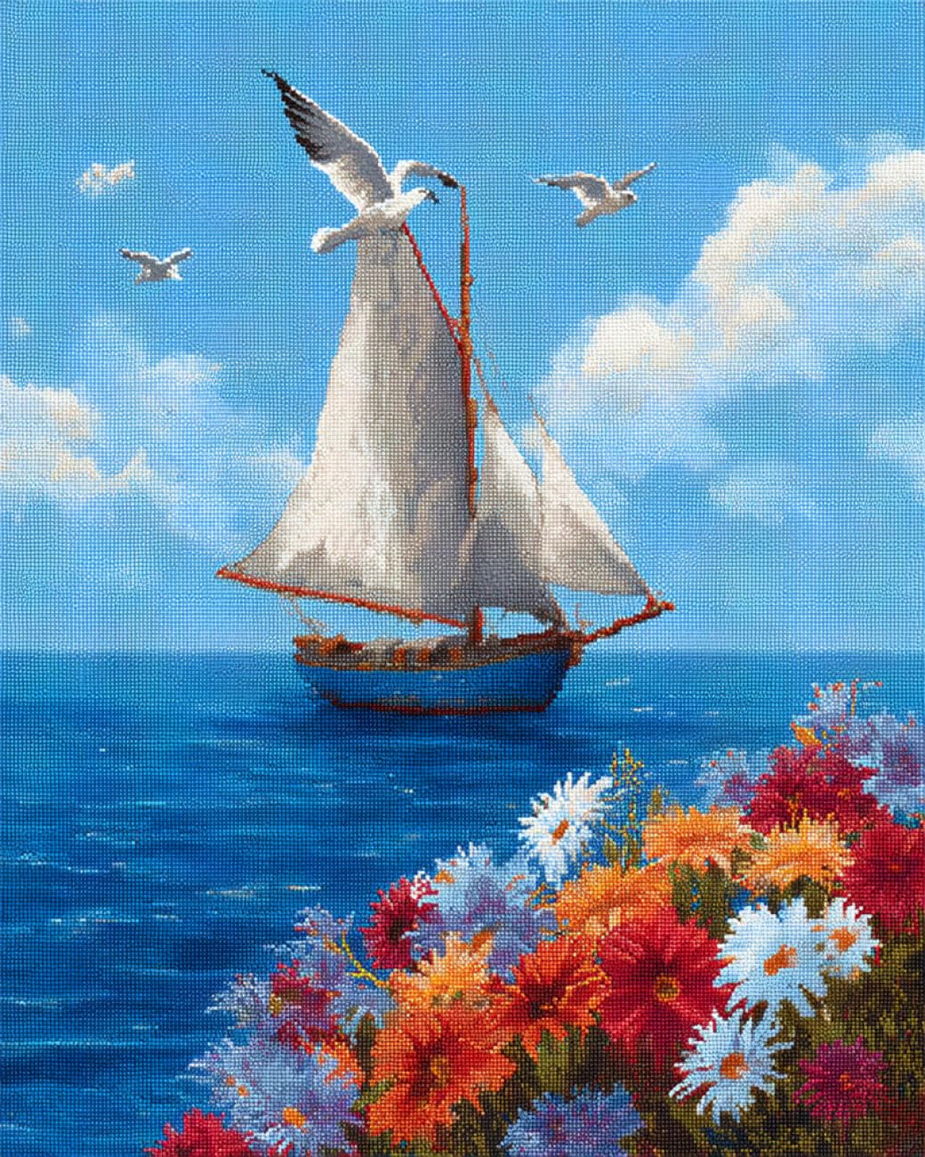 Rqwybcaxn Embroidery Beads Kit Flowers and Boats 40x50cm