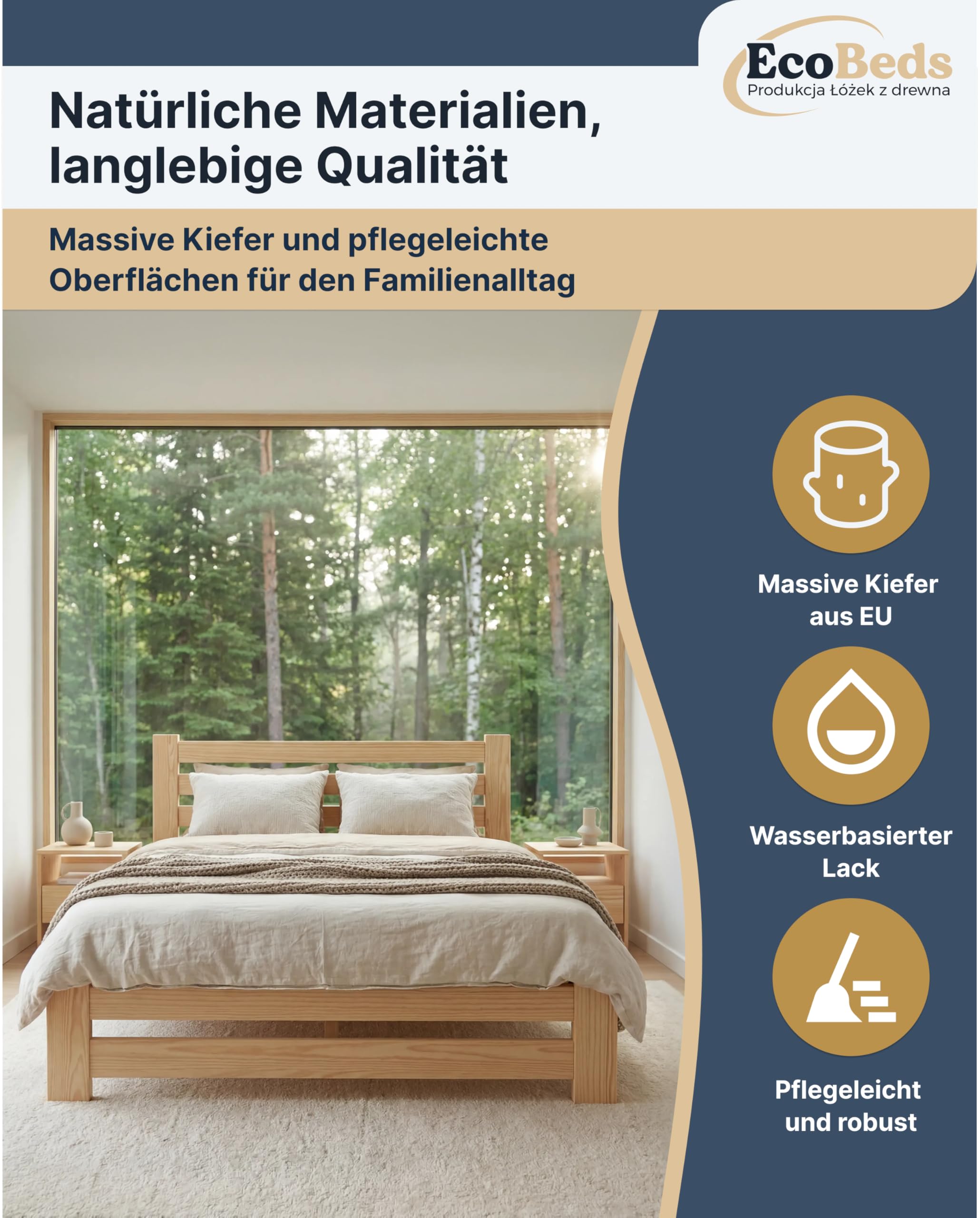 EcoBeds EKO Holzbett 180x200 cm Kiefer Massivholz bis 200 kg | Weiß - Doppelbett, Bettgestell mit Lattenrost und Stauraum, für Erwachsene, robust, einfache Montage
