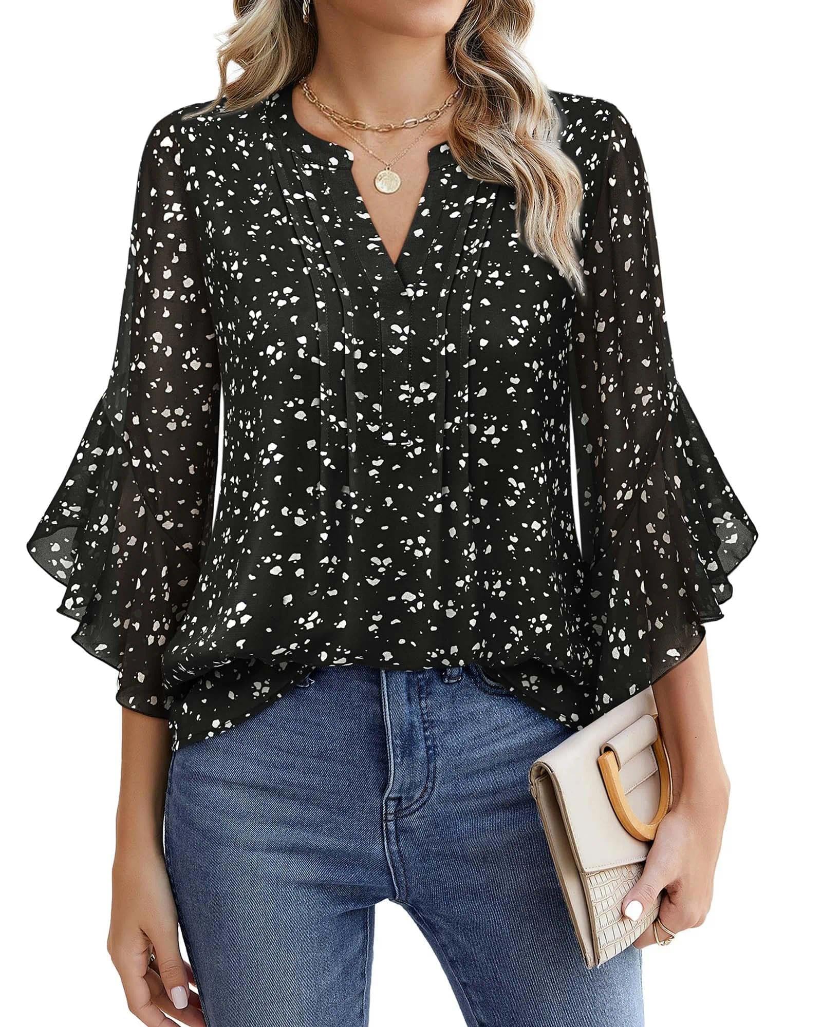 Women's 3/4 Sleeve Tops Dressy Casual Blouses for Women Chiffon Shirts Business Casual Tops for Work Ladies Dress Shirts