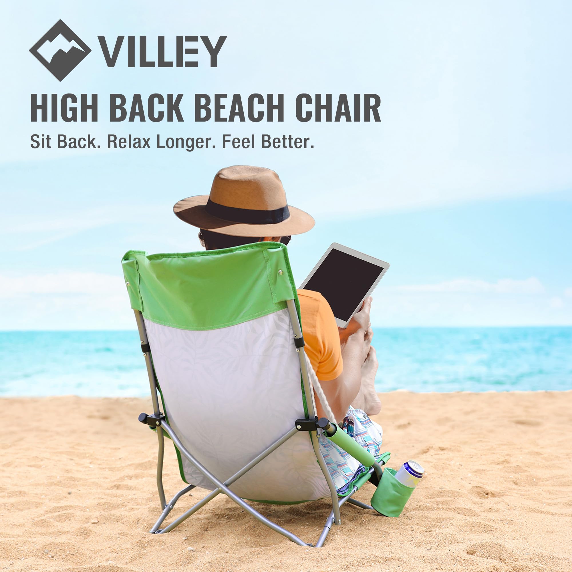 Condition photo showing New/Like New for villey low beach chair for adults, high back folding beach chairs, lightweight and portable for outdoor, beach, camping, lawn, with cup holder and carry bag-green tropical leaves