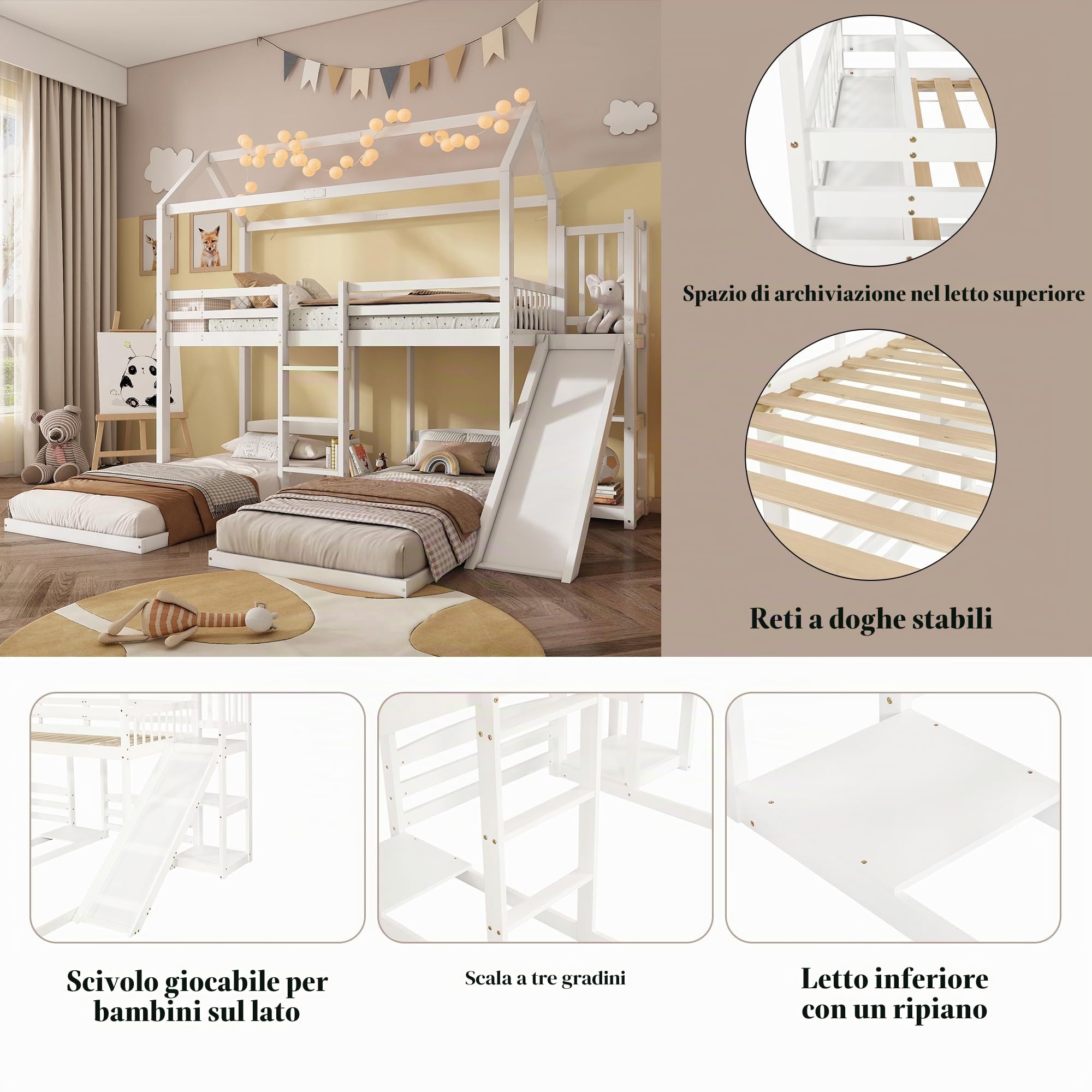 Letto a Castello 90 x 200 cm, Letto a Castello con Scivolo e 3 Posti Letto, per Ragazzi e Bambini (senza Materasso)