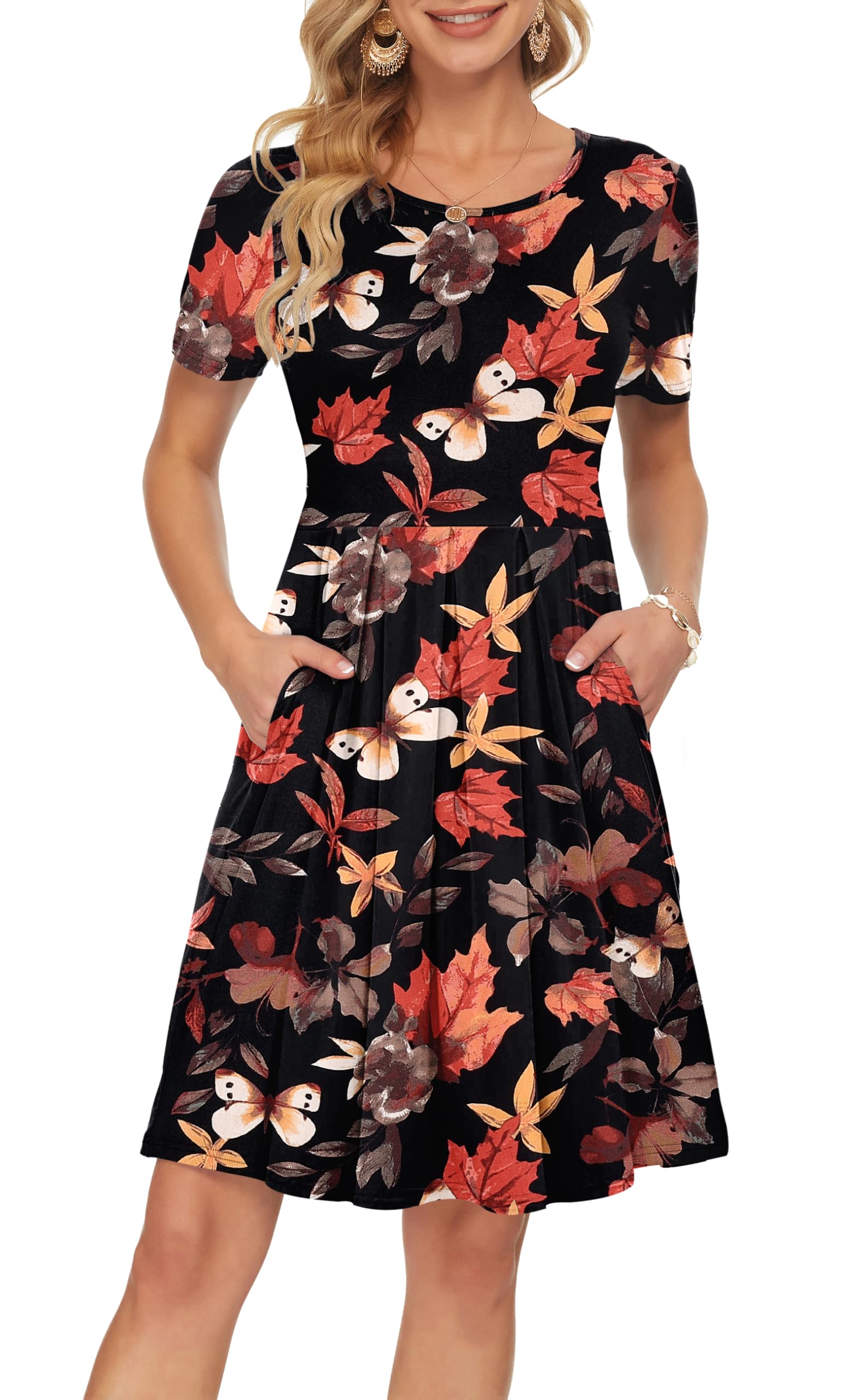 AUSELILY Women's Short Sleeve Pleated Swing Summer Dress with Pockets