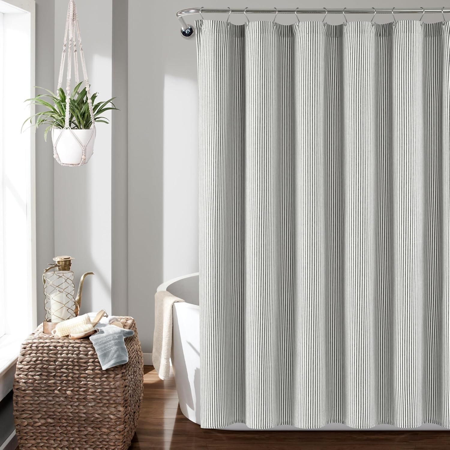 Lush Decor Farmhouse Vintage Stripe Yarn Dyed Cotton Blend Shower Curtain Single 72" W x 72" L Gray - Striped Shower Curtains for Bathroom