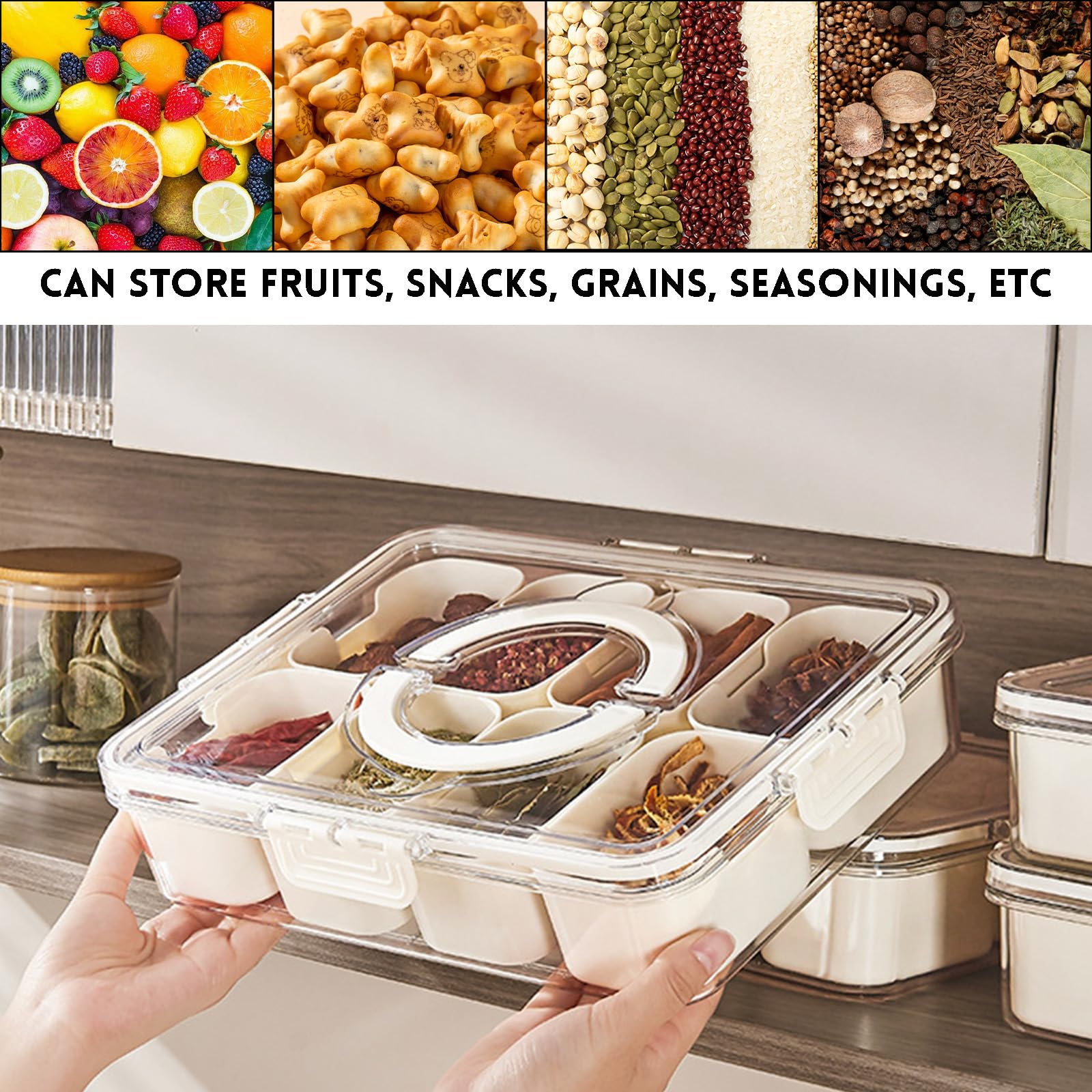 Contenitore per snack portatili, vassoio da portata diviso con coperchio e manico, scatola per snack a 8 scomparti per caramelle, noci, biscotti, frutta, snack