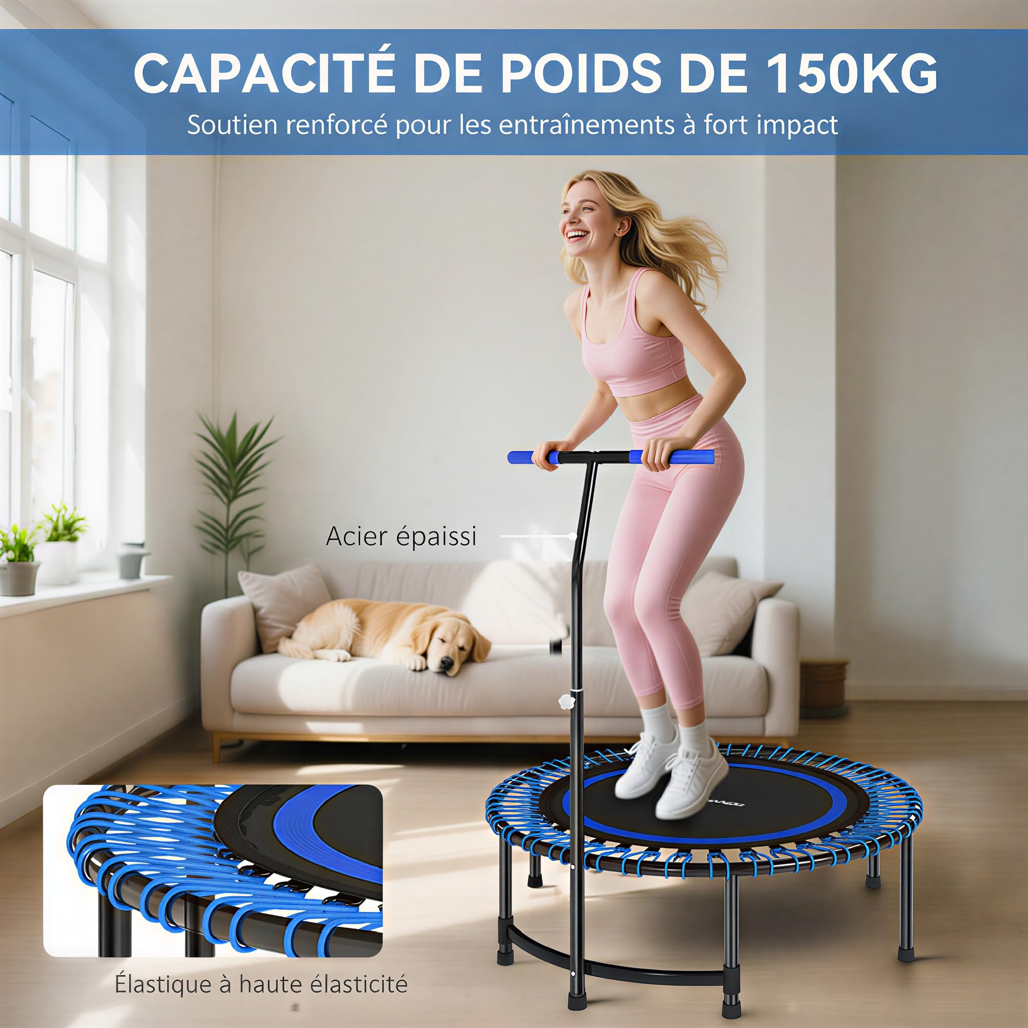 SPORTNOW Trampoline de Fitness 114 cm avec poignée réglable 5 Positions, Cordes élastiques, Trampoline Adulte Stable et Silencieux pour entraînement intérieur, Charge 200 kg, Bleu