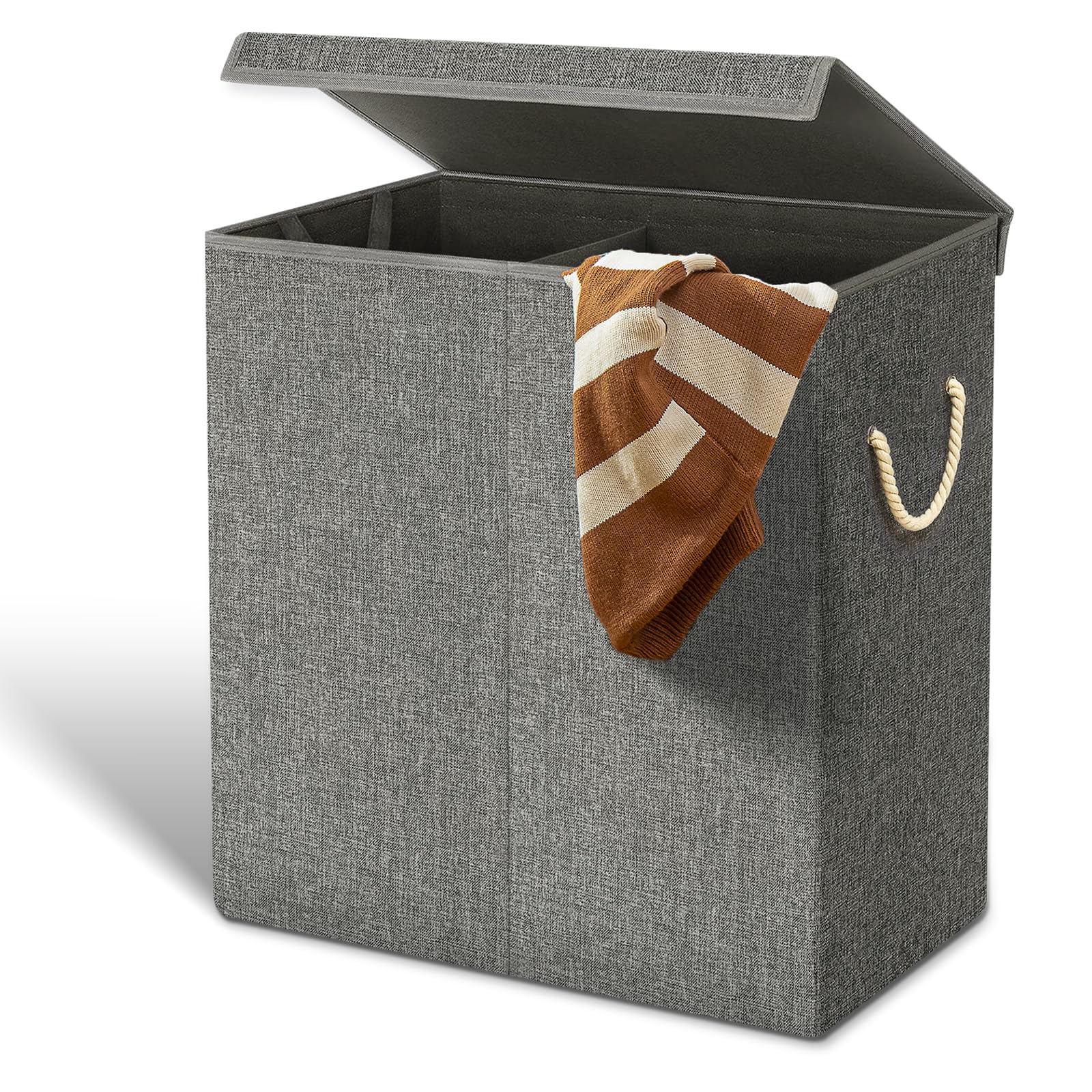 FB FunkyBuys 142 L Double Laundry Basket with Lid, Laundry Hamper Basket with Handles for Dirty Clothes, Laundry Bin Storage for Bedroom, Bathroom Storage (2 Compartment, Dark Grey)