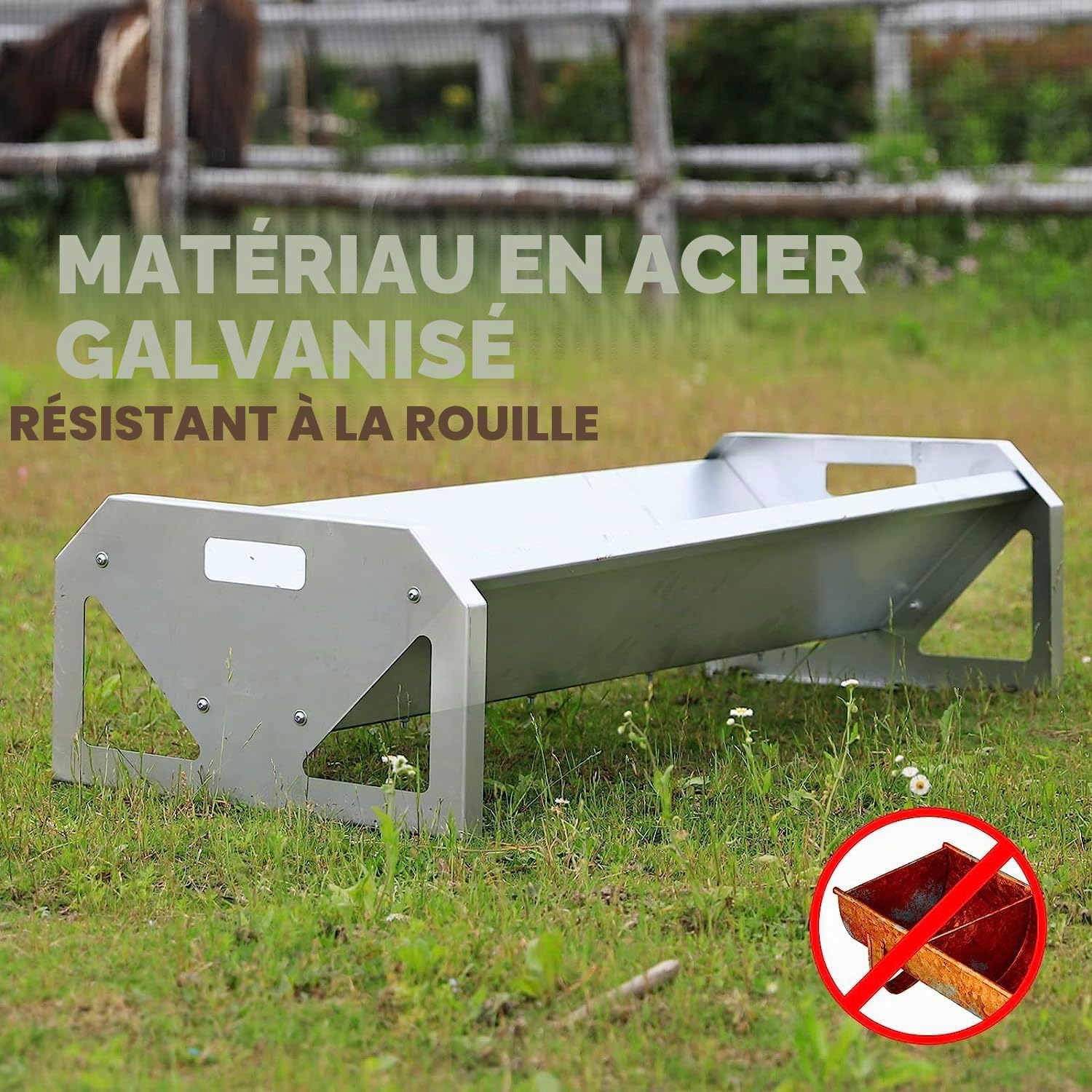 Mangeoire portable en acier galvanisé de 114,3 cm de long, mangeoire robuste de grande capacité, facile à nettoyer, pour veaux, moutons, chevaux, alpagas et chèvres, B807A02
