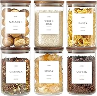 GENSTEUO 6-Pack 32oz Airtight Glass Pantry Jars with Acacia Wood Lids & 105 Waterproof Labels - Kitchen Canisters for Coffee, Tea, Sugar