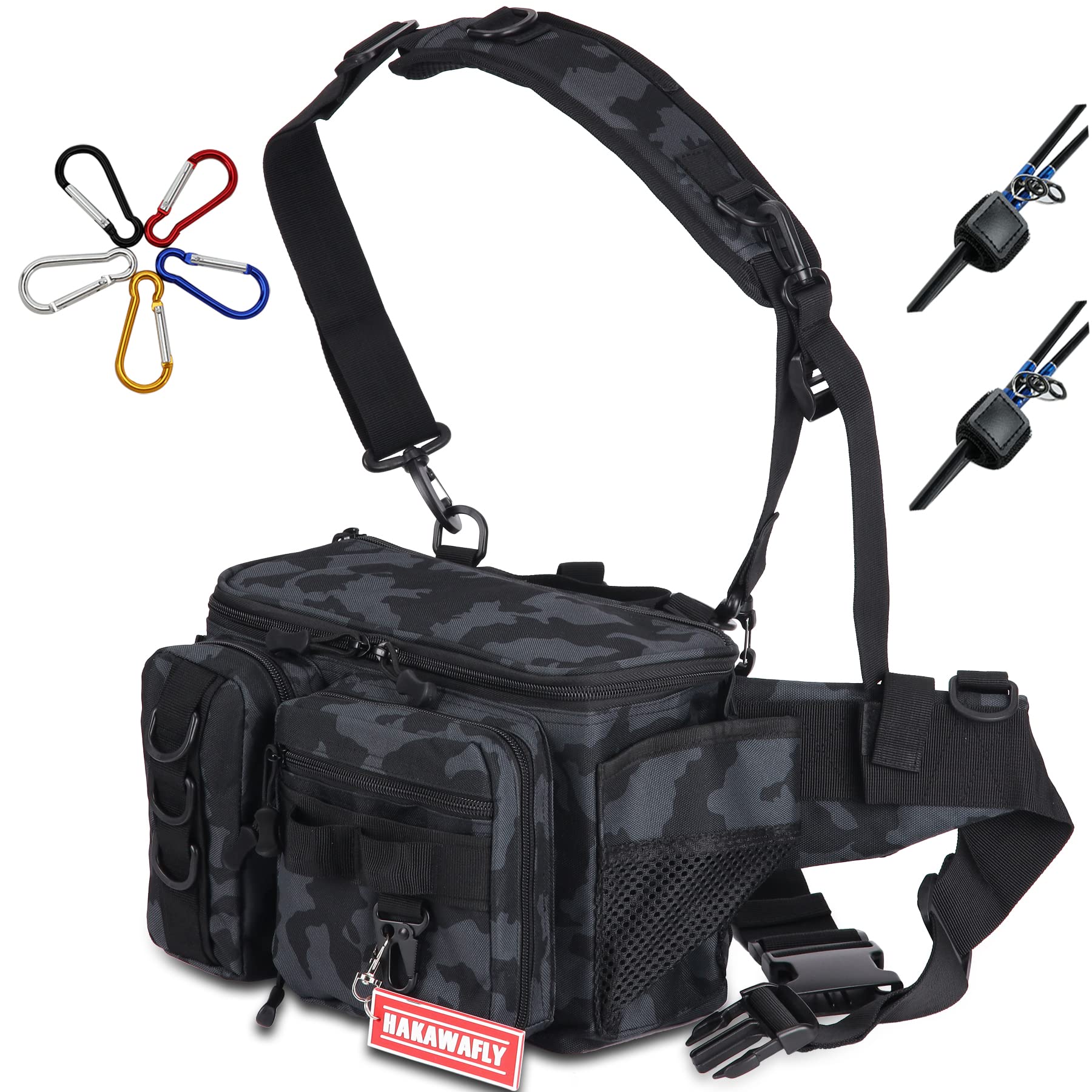 HAKAWAFLY (Hakkawafly) Fishing Bag, Large Capacity, Wide-Mouth, Waist Bag, Wide, Fishing Bag, 5-Way, Tackle Bag, Waterproof, Hip Bag, Multi-Functional, Detachable/Left and Right Convertible Shoulder blue camouflage