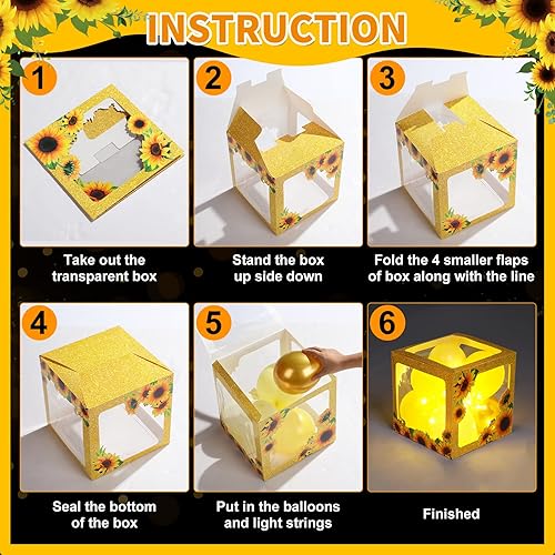 Miniatura 4 de Honoson 54 piezas de decoración de fiesta de girasol para baby shower, cajas de globos de girasol con cuerdas de luz LED, decoración de cumpleaños