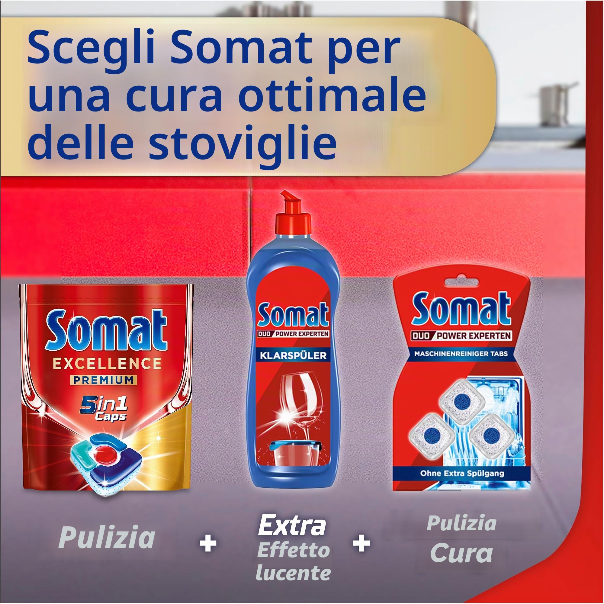 Somat Excellence Premium 5 in 1 Caps (67 Caps), pastiglie per lavastoviglie ad alta risoluzione con extra Boost, i tappi Somat rimuovono anche i residui di cibo secchi e ostinati