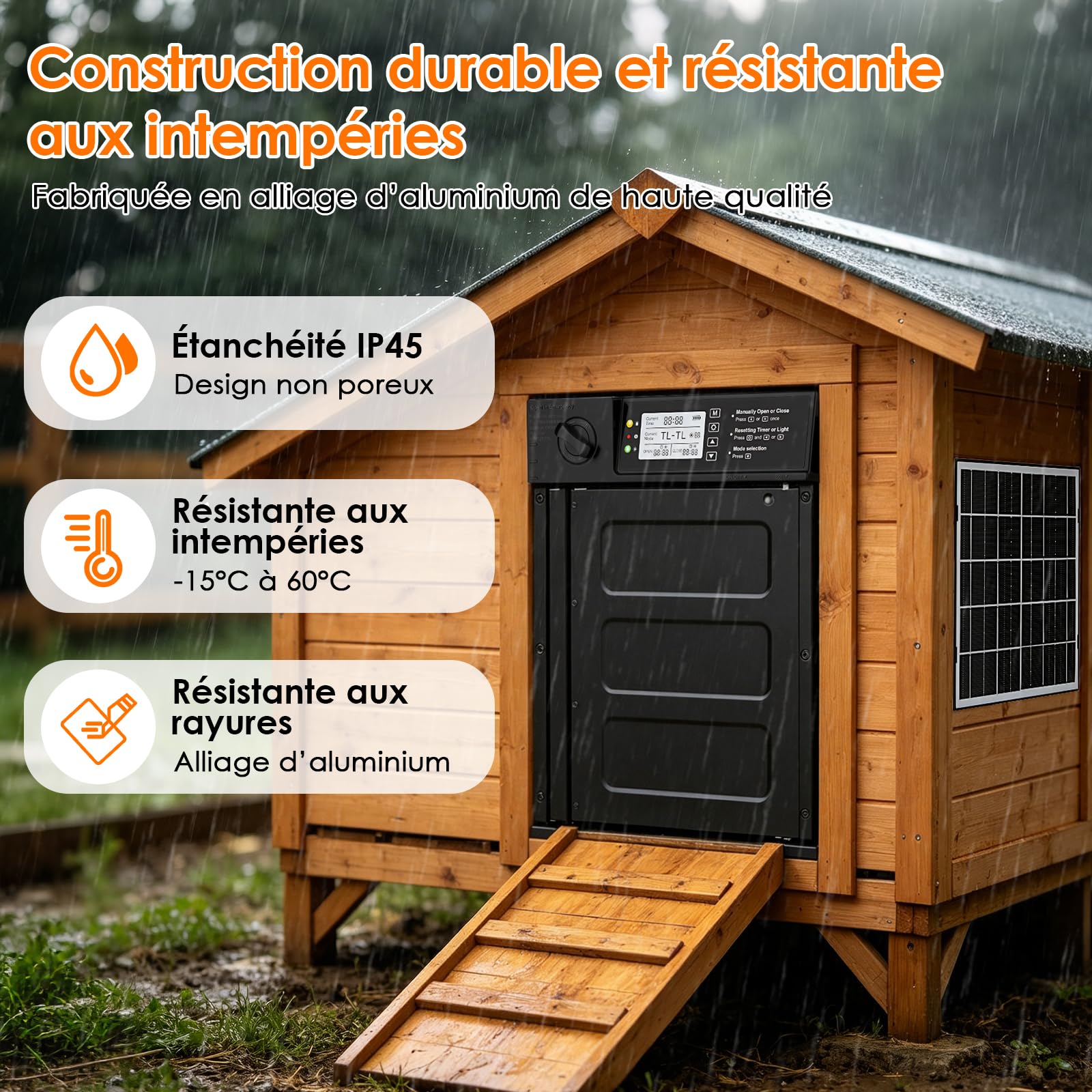 Grande Porte Poulailler Automatique Solaire, Porte Automatique Poulailler Solaire en Aluminium avec Écran LCD Étanche, Minuterie, Télécommande, Fonction Anti-pincement