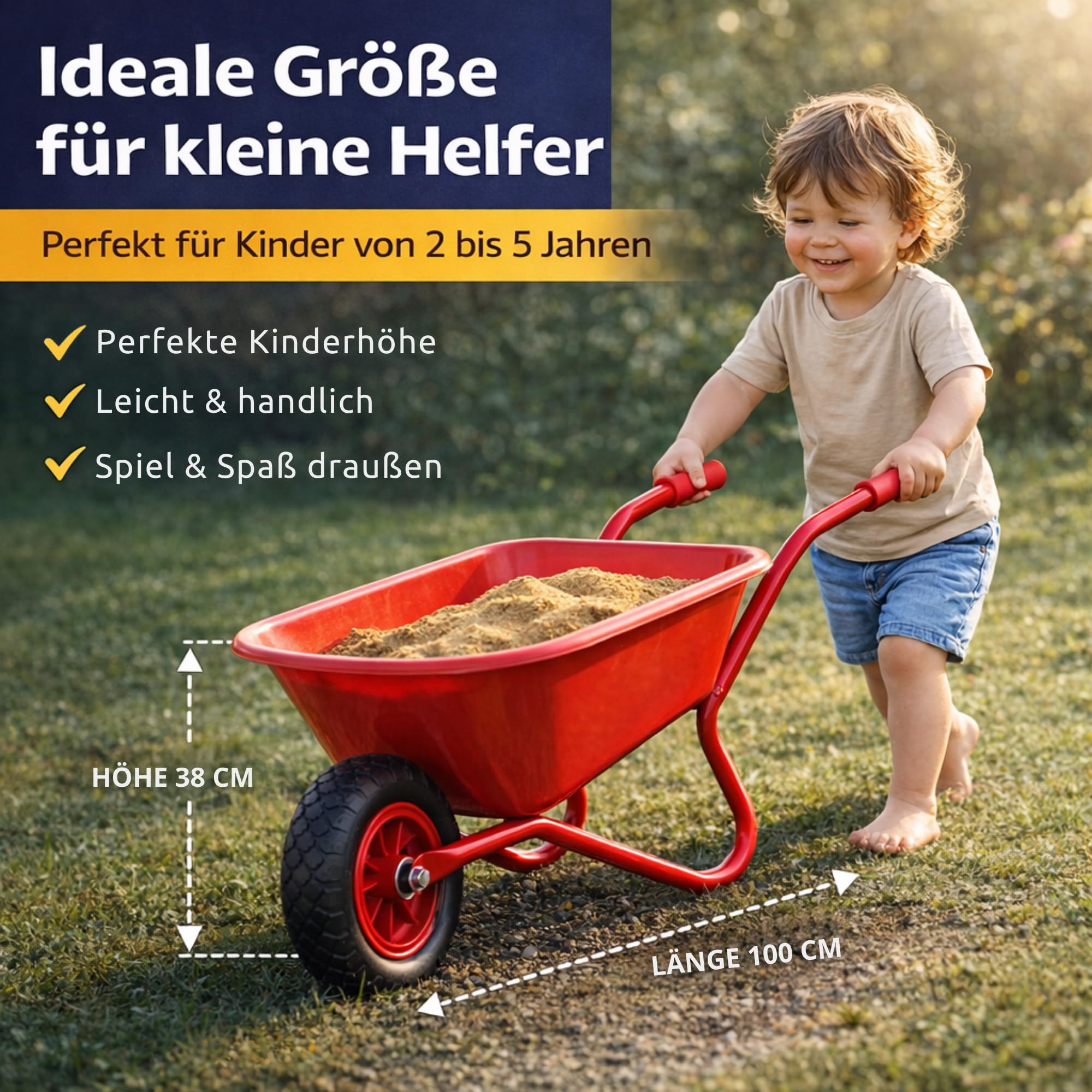 Kinder Schubkarre aus Metall – robuste Kinderschubkarre mit Eva Rad, Stabiler Rahmen, ideal für Garten & Sandkasten, Spielzeug ab 3 Jahren