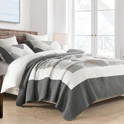 Miniatura 8 de Colchas tamaño Queen  Juego de edredón 100% algodón Queen, juego de ropa de cama gris para cama Queen, 3 piezas de edredón reversible rústico ligero