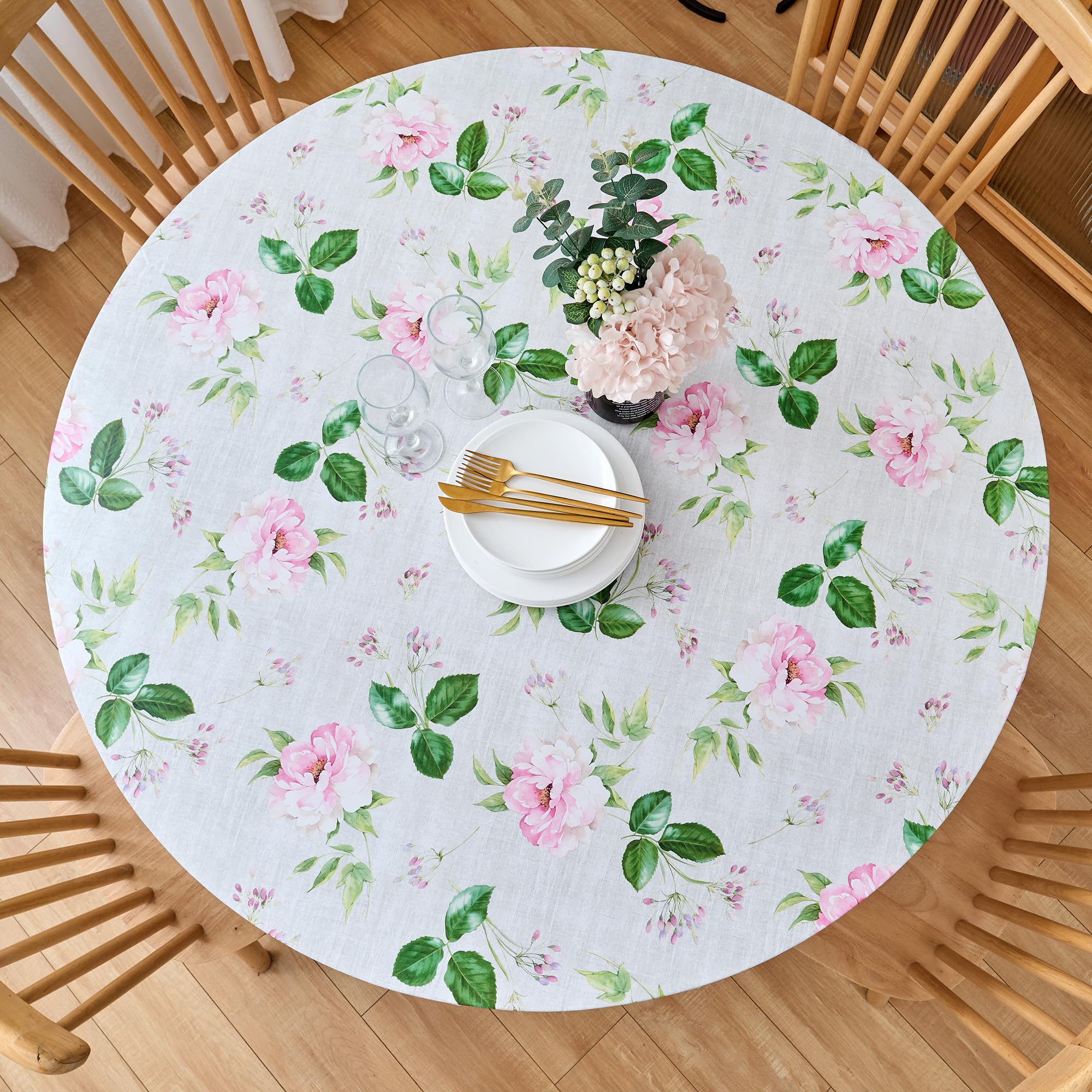 LIBERECOO Round Fitted Tablecloth with Elastic, Flannel Backed Vinyl Tablecloths for 45" - 56" Tables, Waterproof Wipeable Reusable Plastic Table