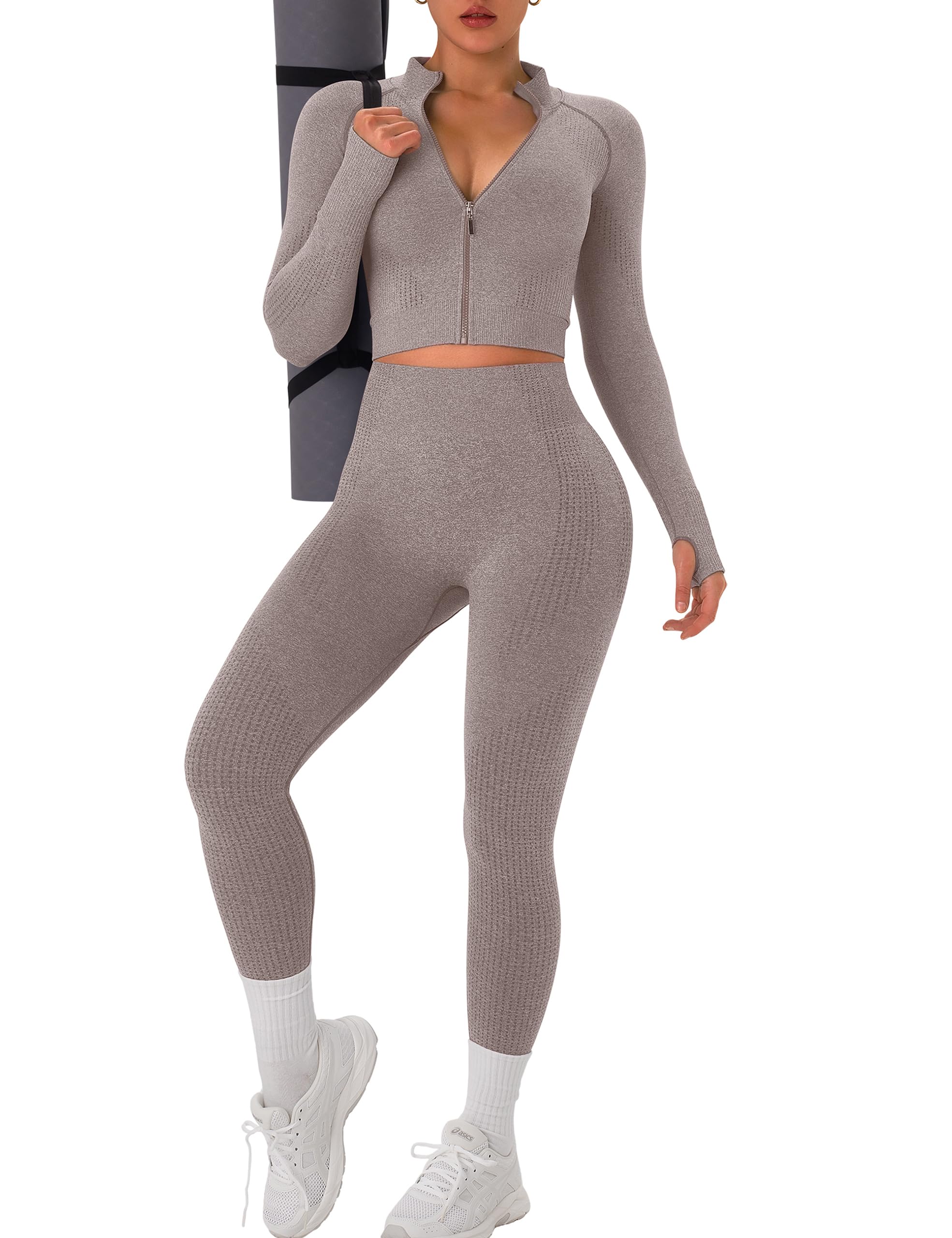 OLCHEE Womens Workout Sets 2 Piece smooth Yoga Outfits Long Sleeve Zipper Jacket