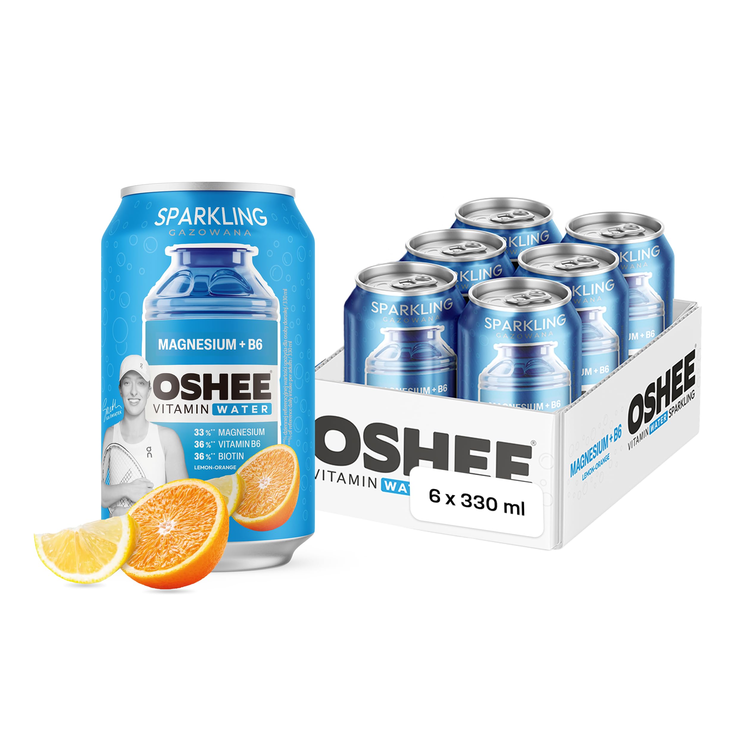 Oshee Sparkling Vitamin Water with Orange & Lemon Flavour 330ml (Pack of 6), Refreshing Sparkling Drink with Added Vitamins for Everyday Hydration