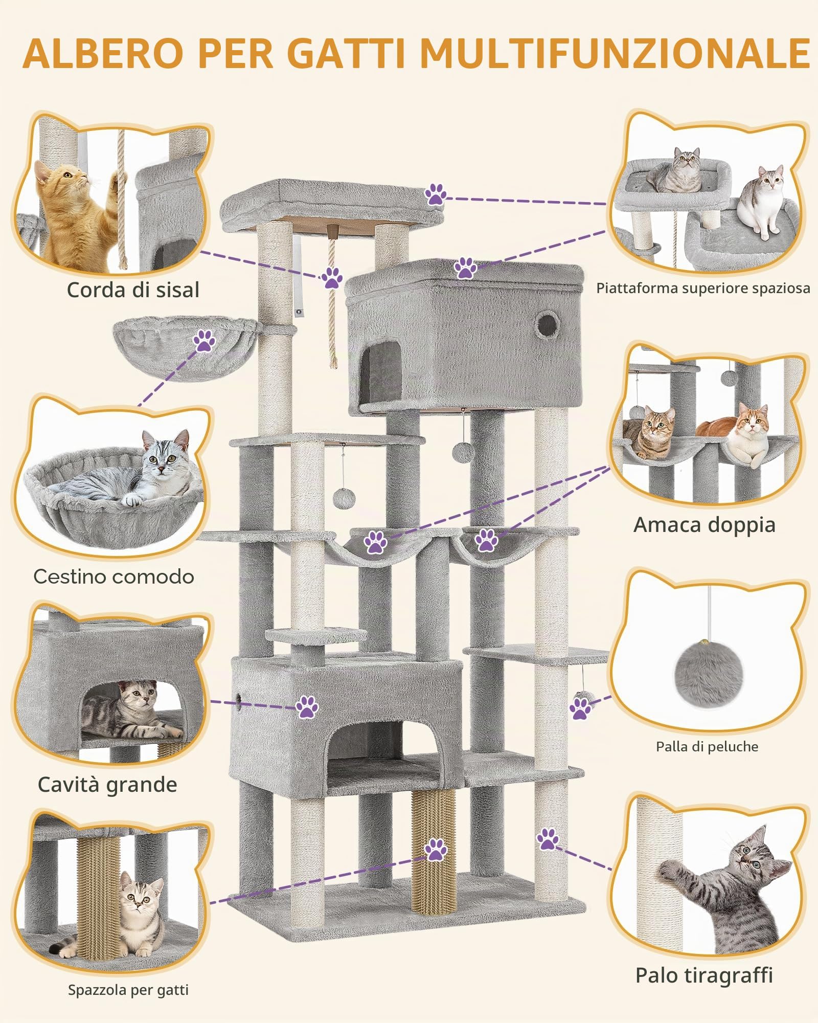 Hzuaneri Albero Gatto 200 cm Extra Large, Tiragraffi con 2 Cucce e 10 Sisal, Torre Resistente per Gatti Grandi Maine Coon, Include 2 Amache, Grigio Chiaro MS20018LG