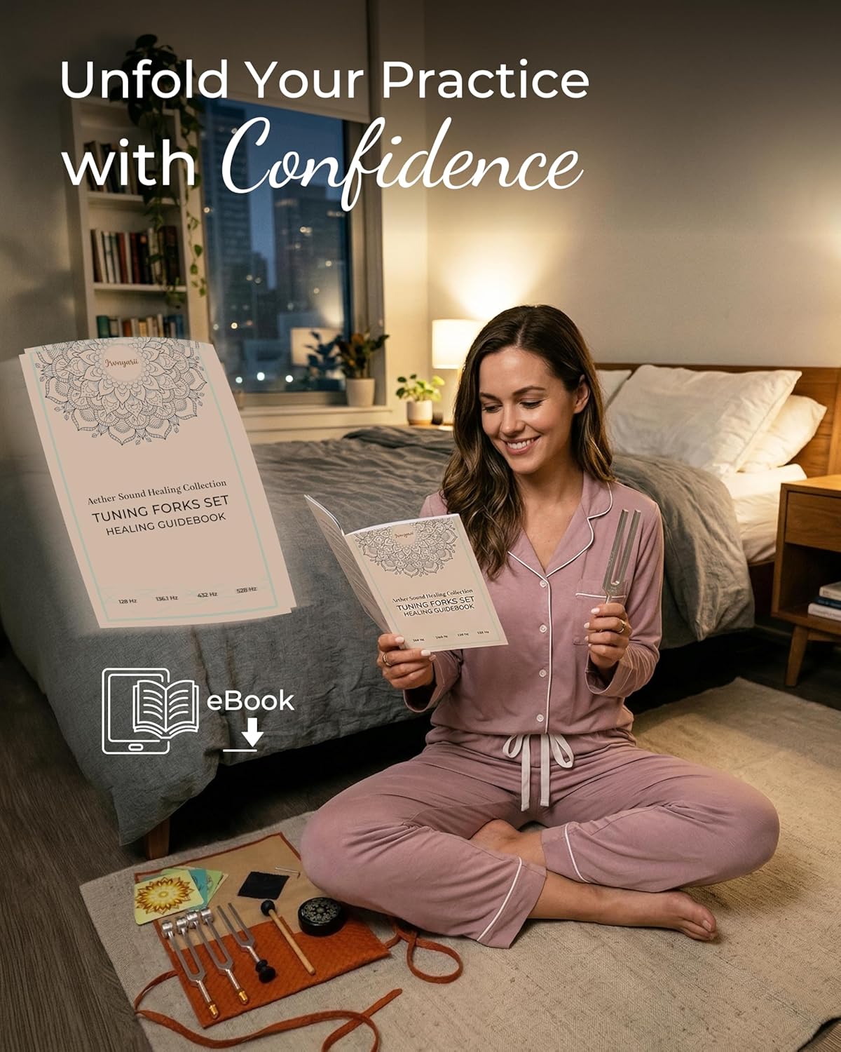Tuning Forks for Healing Set - 4 Frequencies (128Hz, 136.1Hz, 432Hz, 528Hz) with Gem Foot, Visual Mandala Cards - Premium Sound Therapy Kit for Mindful Relaxation, Anxiety Relief & Holistic Wellness