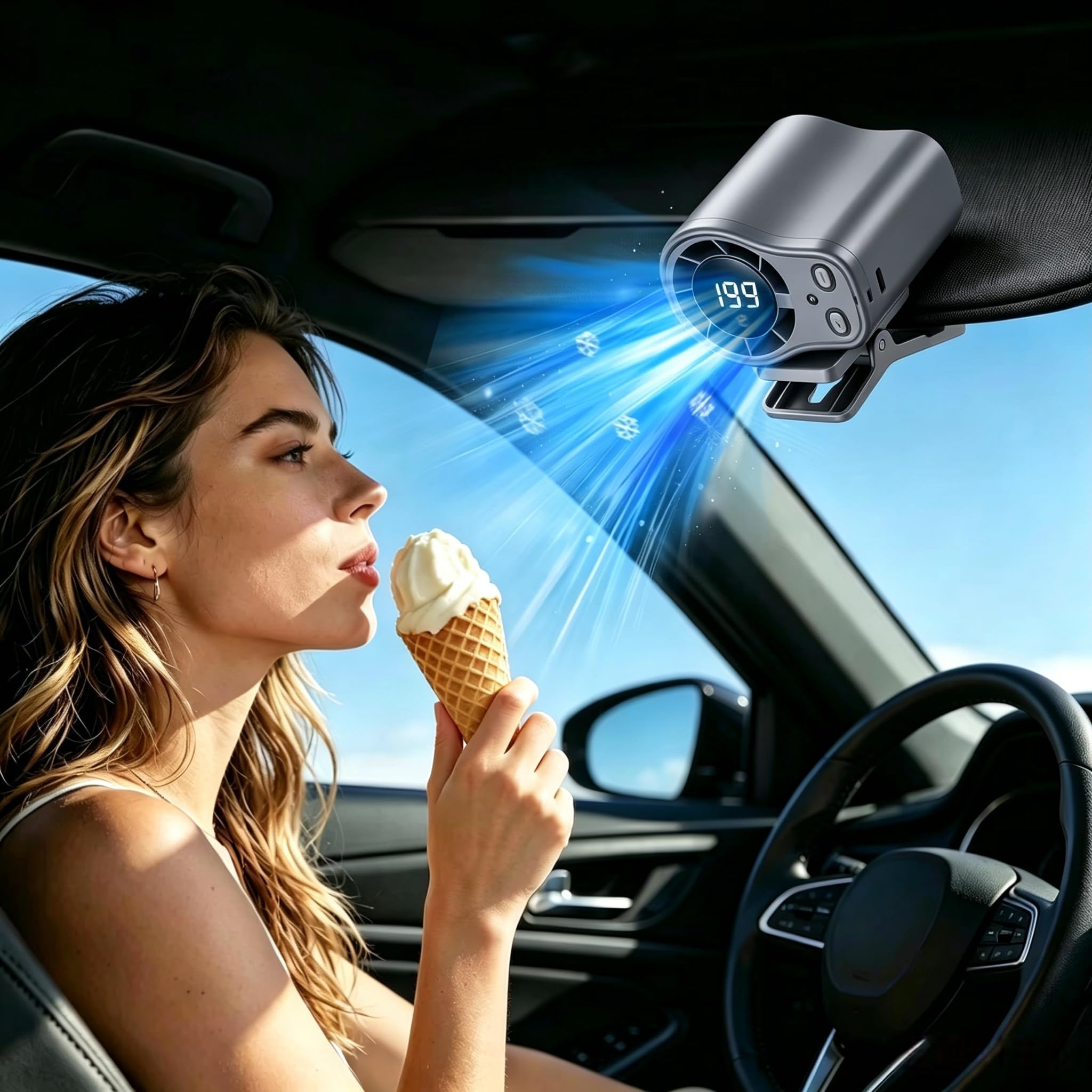 Ac portátil para coche, ventilador de clip manos libres con 199 velocidades y tecnología de semienfriamiento, ventilador personal recargable por USB para coches, trabajo, camping (negro)
