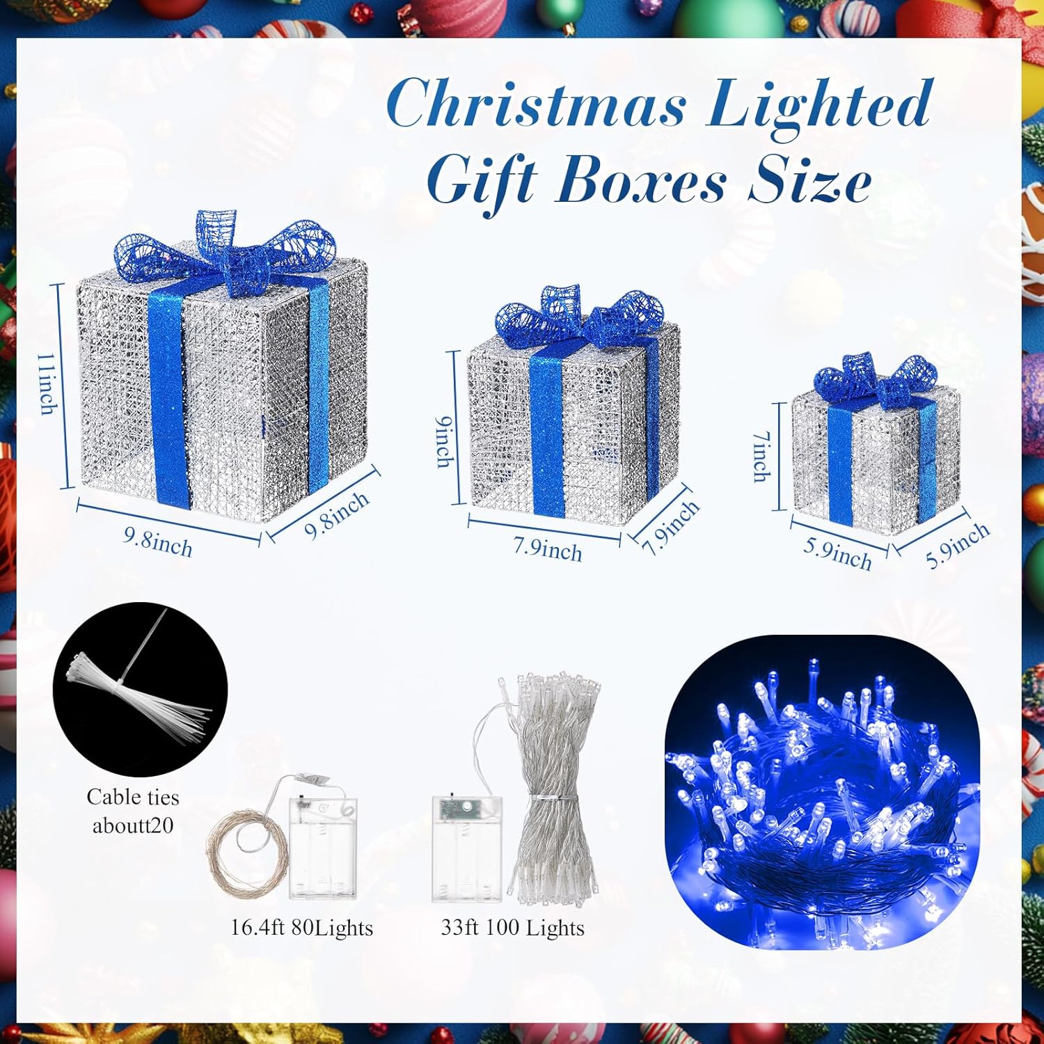 VIHOSE Set of 3 Christmas Lighted Gift Boxes Decoration,9.8/7.9/5.9 Inch Large Gift Boxes Outdoor Light up with Ribbon Bows 66ft 200 LED String Light for Christmas Tree Indoor Decor(Silver)