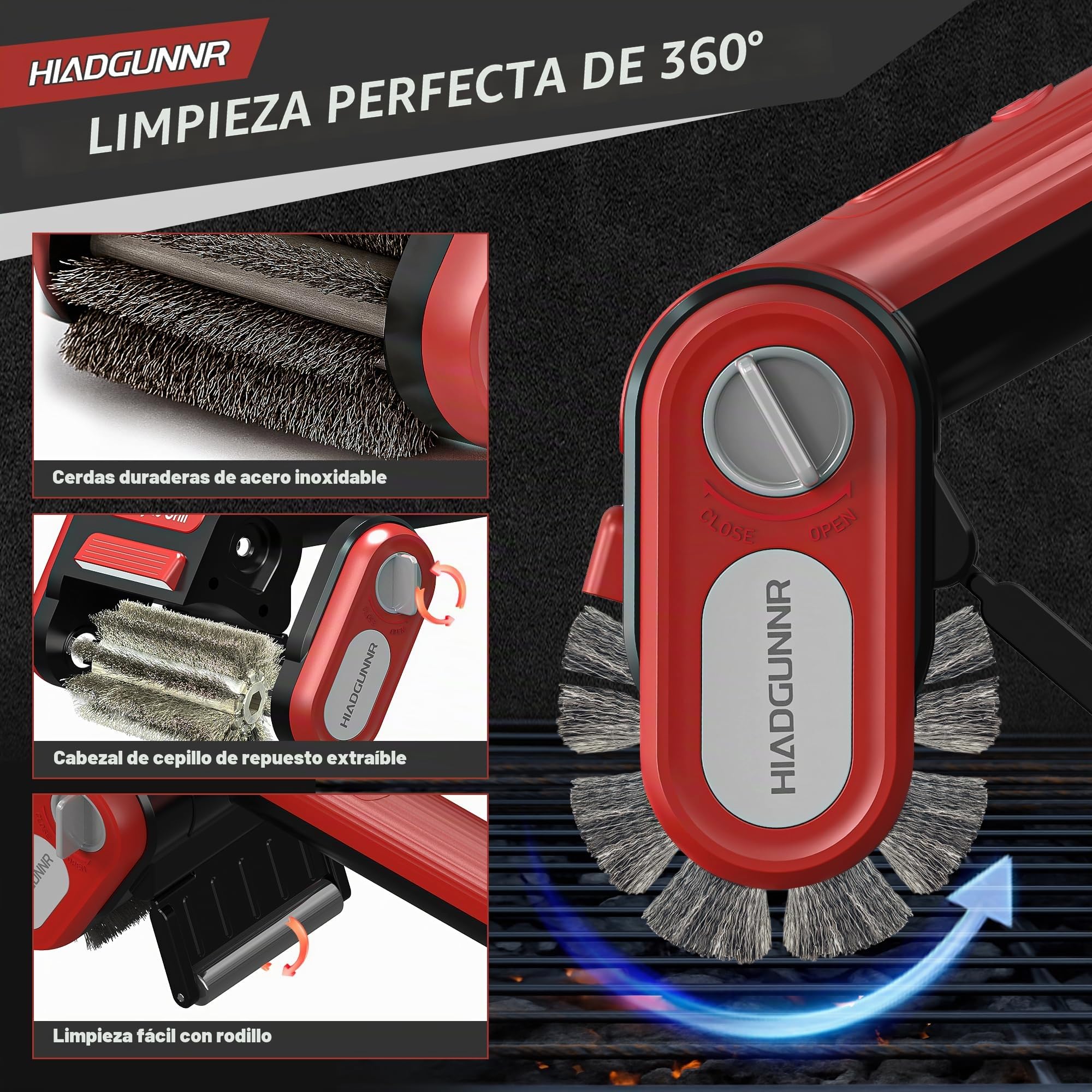Cepillo eléctrico para parrilla, limpiador de parrilla con luz LED, cerdas de acero inoxidable de 700-800 rpm, cabezal de cepillo extraíble 304, herramienta de limpieza de parrilla recargable