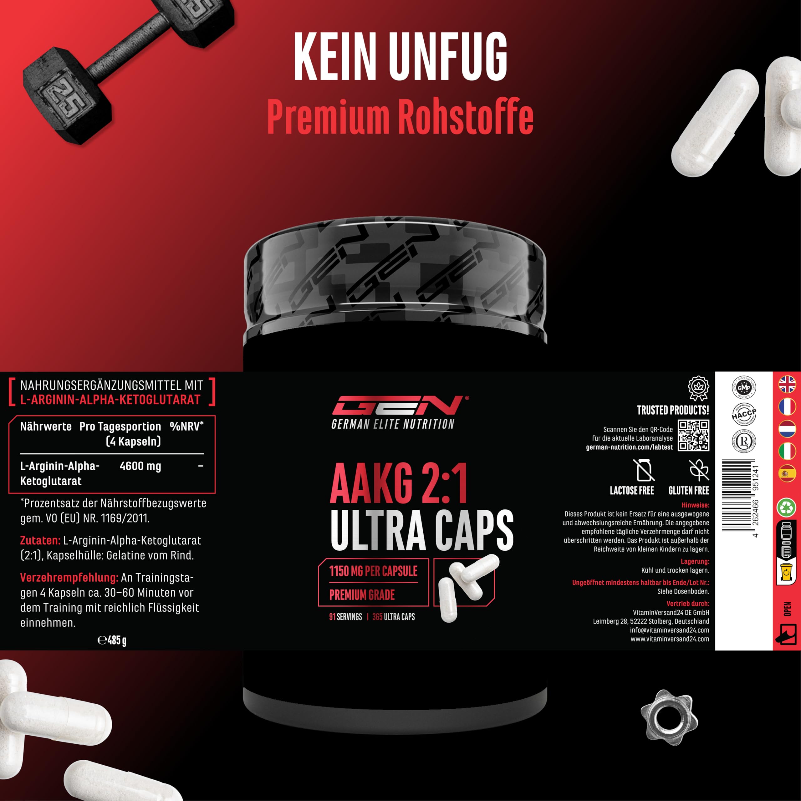 GEN GERMAN ELITE NUTRITION AAKG Ultra Caps - 365 Kapseln | 1150 mg L-Arginin-Alphaketoglutarat, Extra hochdosiert, reine Aminosäure aus pflanzlicher Fermentation