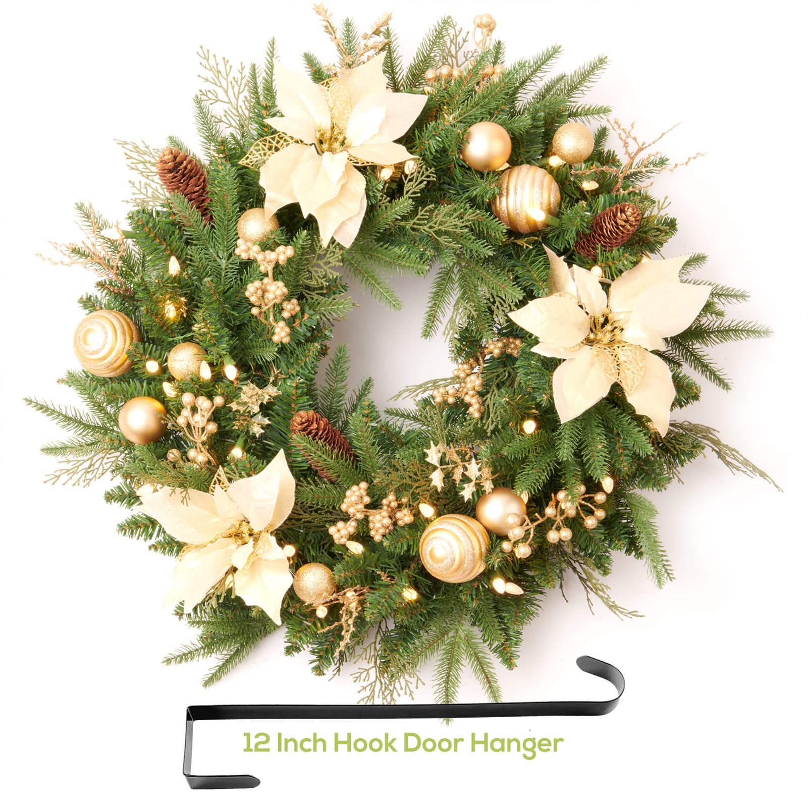 AMERZEST Pre-lit Christmas Wreath with Lights, Pine Cones Gold Balls, Berries and Gold Flowers, 24 Inch 50 Battery Operated LED Lights, Holiday/Decoration/for Front Door/Outdoor