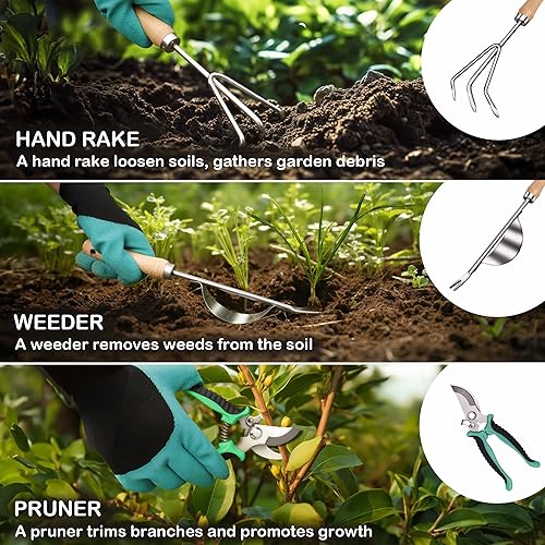 Miniatura 4 de Bluemars Kit de herramientas de mano de jardinería, 14 piezas, juego de herramientas de jardín de acero inoxidable resistente con bolsa de jardín